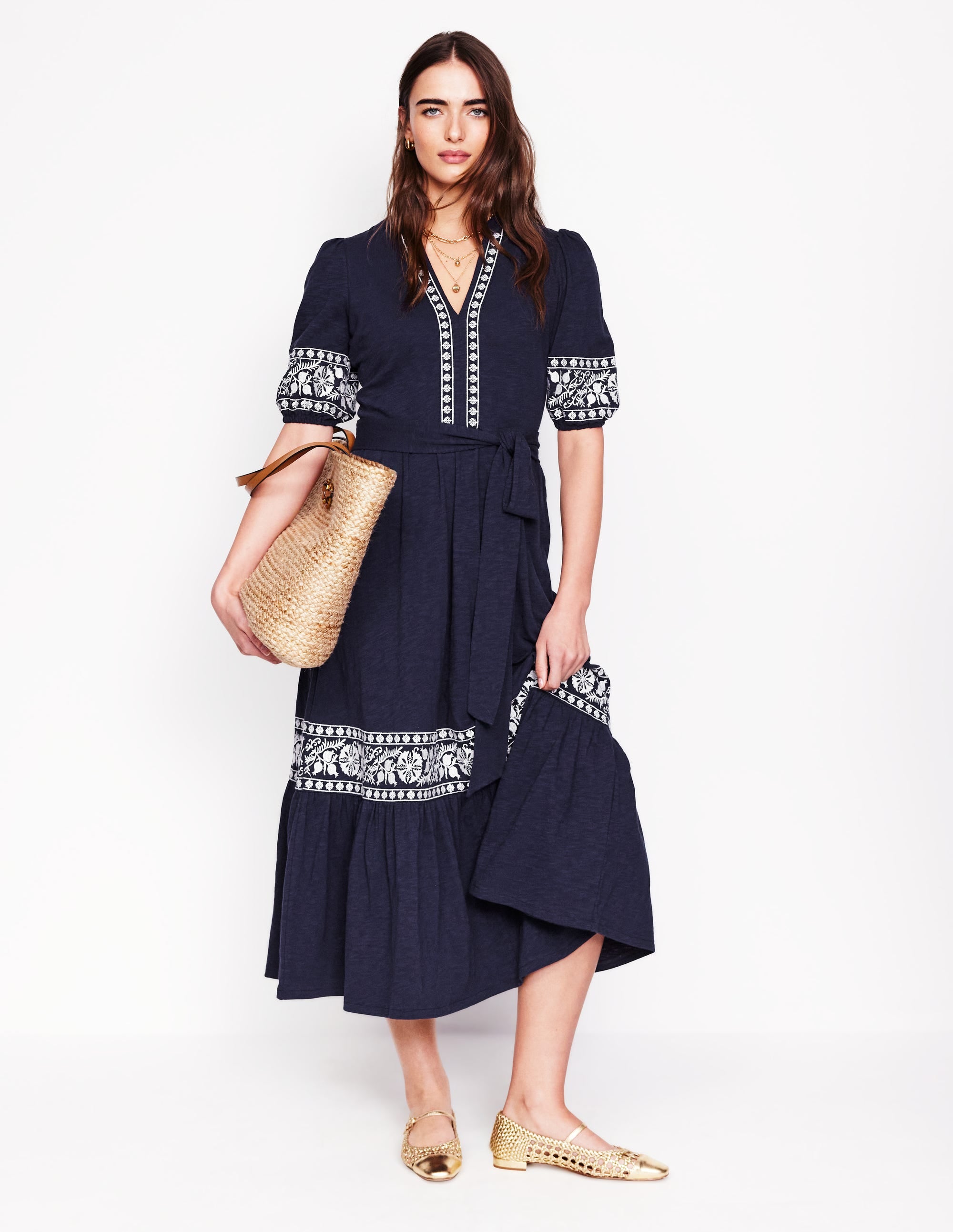 Amara Embroidered Jersey Dress - Navy Blue Floral Embroidery Casual Summer Dress for Women | Perfect for Beach Vacations, Date Nights & Outdoor Parties