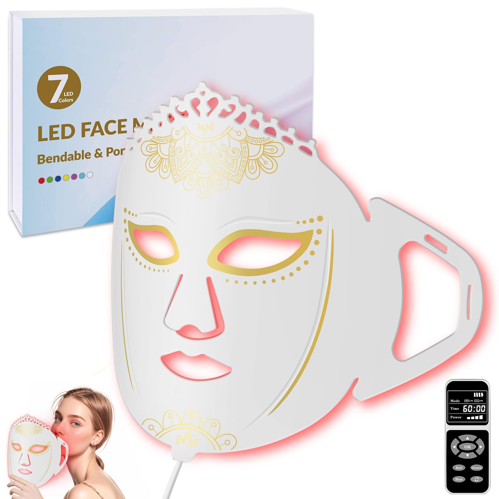 7-Color Red Light Therapy Mask for Face & Skin - Portable 360 LED Facial Device for Tightening & Smoothing Skin | At-Home Light Therapy Treatment | Perfect Gift for Women | Use for Anti-Aging, Acne Treatment & Skin Rejuvenation