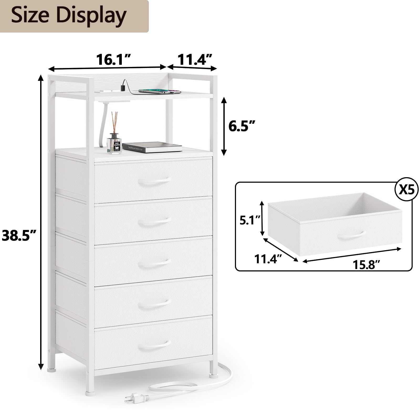Modern White Nightstand with 5 Storage Drawers & LED Lights - Tall Bedroom Dresser with USB Charging Station, Wood Shelf & Fabric Bins - Sturdy Metal Frame Side Table for Closet or Bedroom - Perfect for Small Spaces & Apartment Living (White)