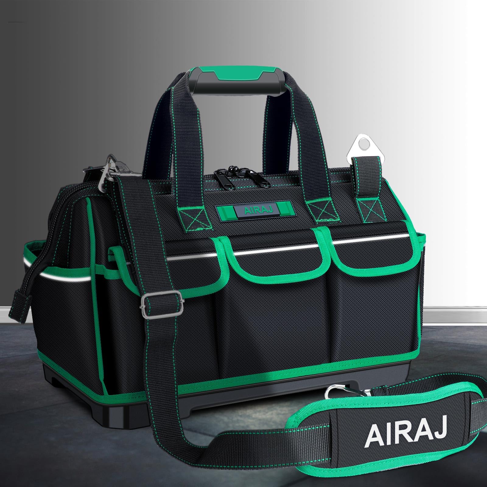 AIRAJ 16-Inch Heavy Duty Tool Bag with Reflective Strips - Wide Mouth Design with 15 Pockets, Adjustable Shoulder Strap - Durable Craftsman Tool Organizer for Electricians, Plumbers & DIY Enthusiasts - Perfect for Job Sites, Home Repairs & Workshop Organization