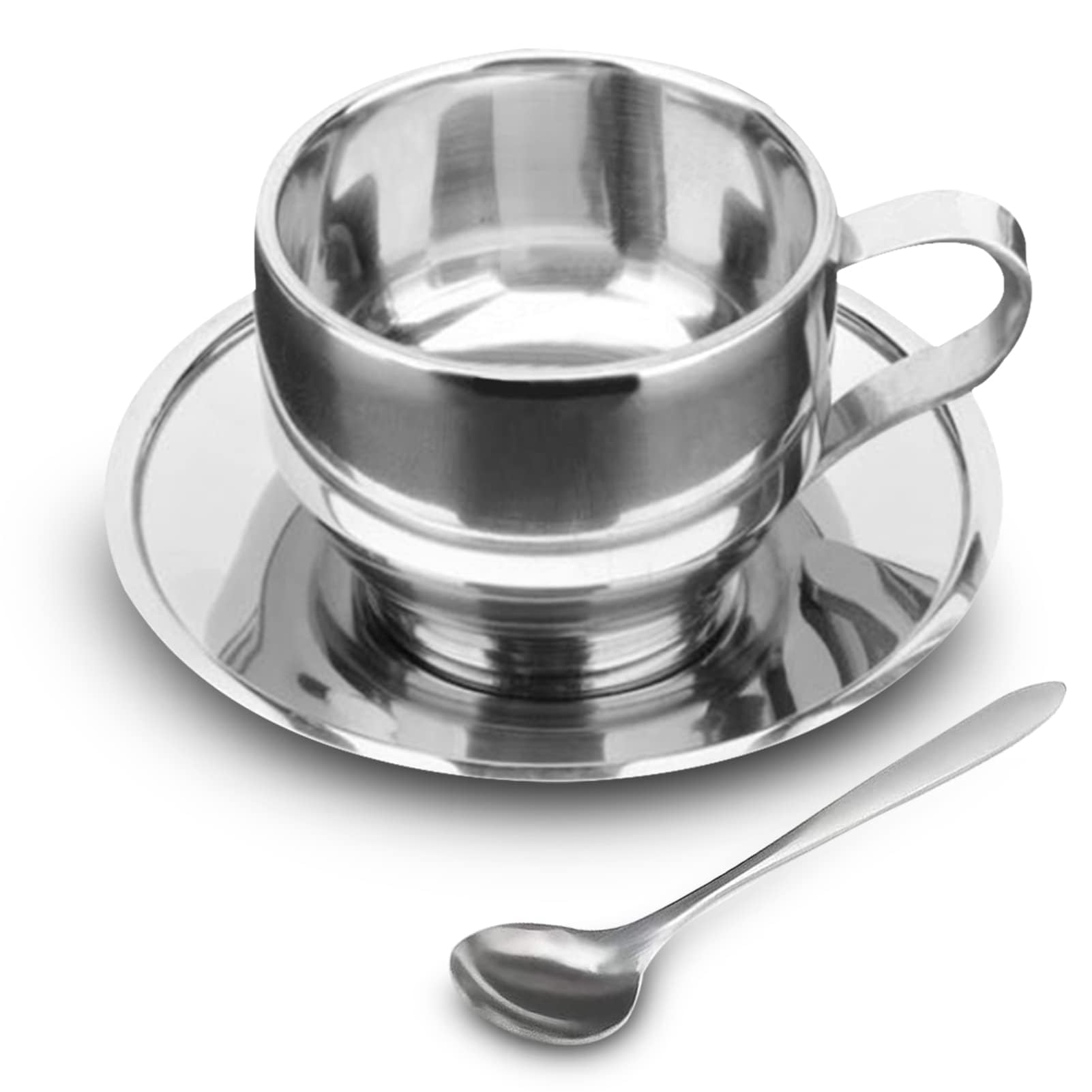 Premium Stainless Steel Coffee Cup Set - 125ML Espresso Mugs with Saucer & Spoon - Ideal for Cappuccino, Latte, Tea - Perfect Gift for Coffee & Tea Lovers - Great for Home, Office, Cafe, and Restaurant Use