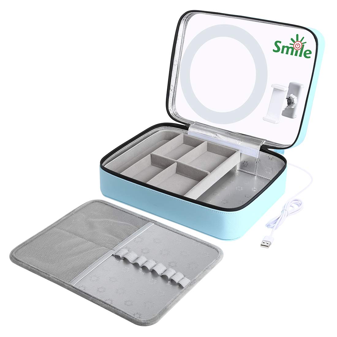 PULUZ Multifunctional Makeup Organizer & Cosmetic Storage Box with Ring Light, Mirror & Phone Clamp - Perfect for Live Streaming, Makeup Vanity, Photography & Video Recording (Blue)