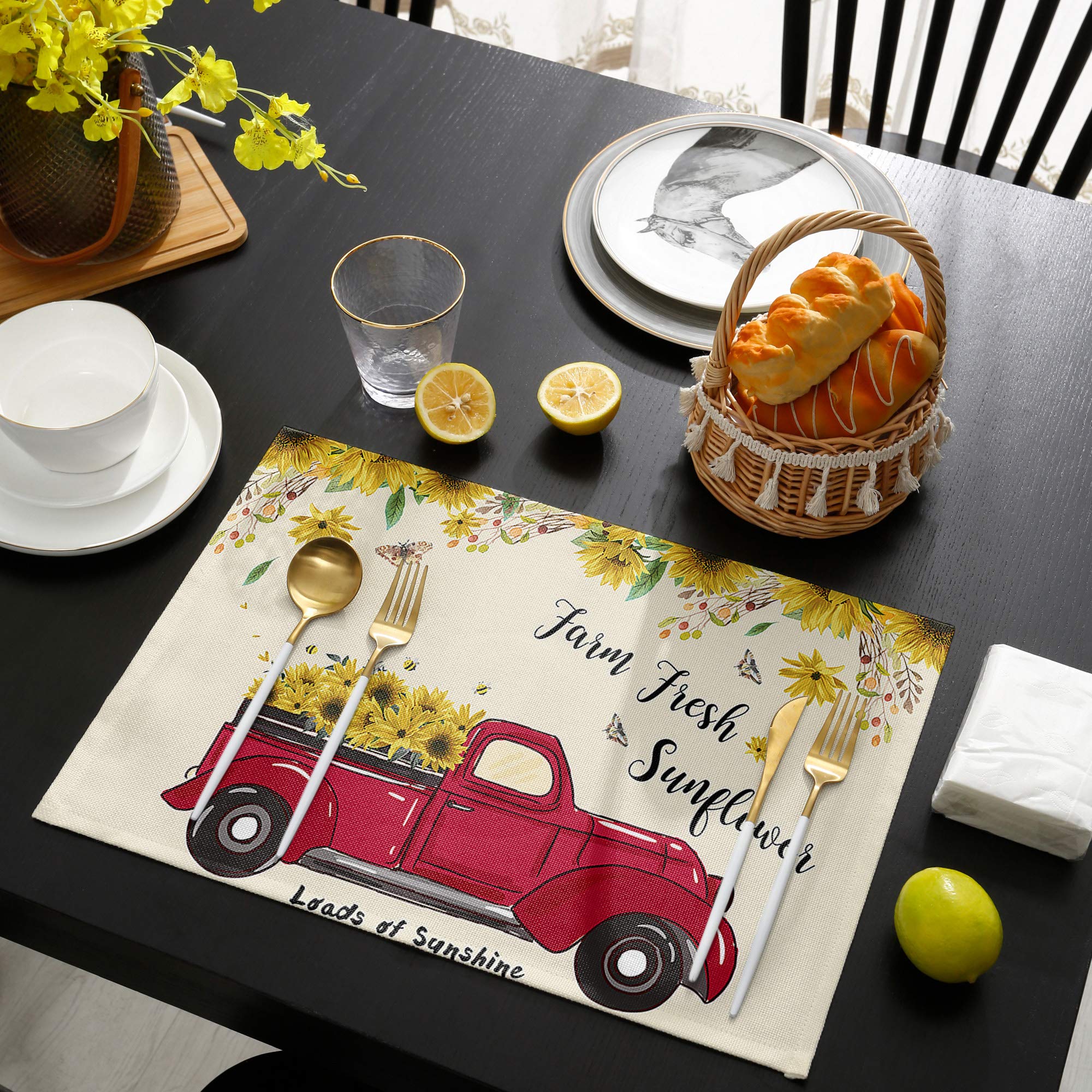 Harvest Farm Red Truck Full of Blooming Sunflowers Placemats - Set of 4 Washable Stain Resistant Cotton Linen Woven Dining Table Mats (12
