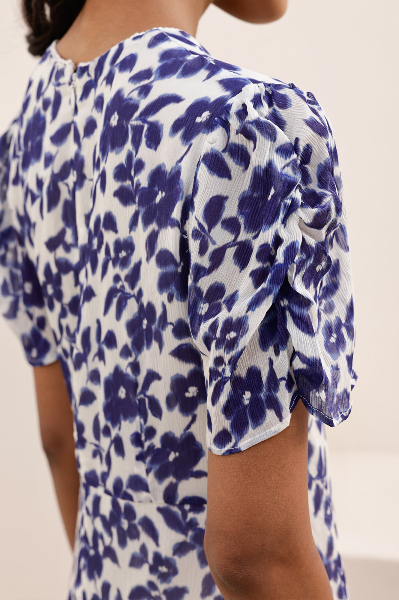 Ellery Floral Print Dress for Women - Blossom Cream & Navy Blue - Perfect for Spring Weddings, Garden Parties & Summer Outings