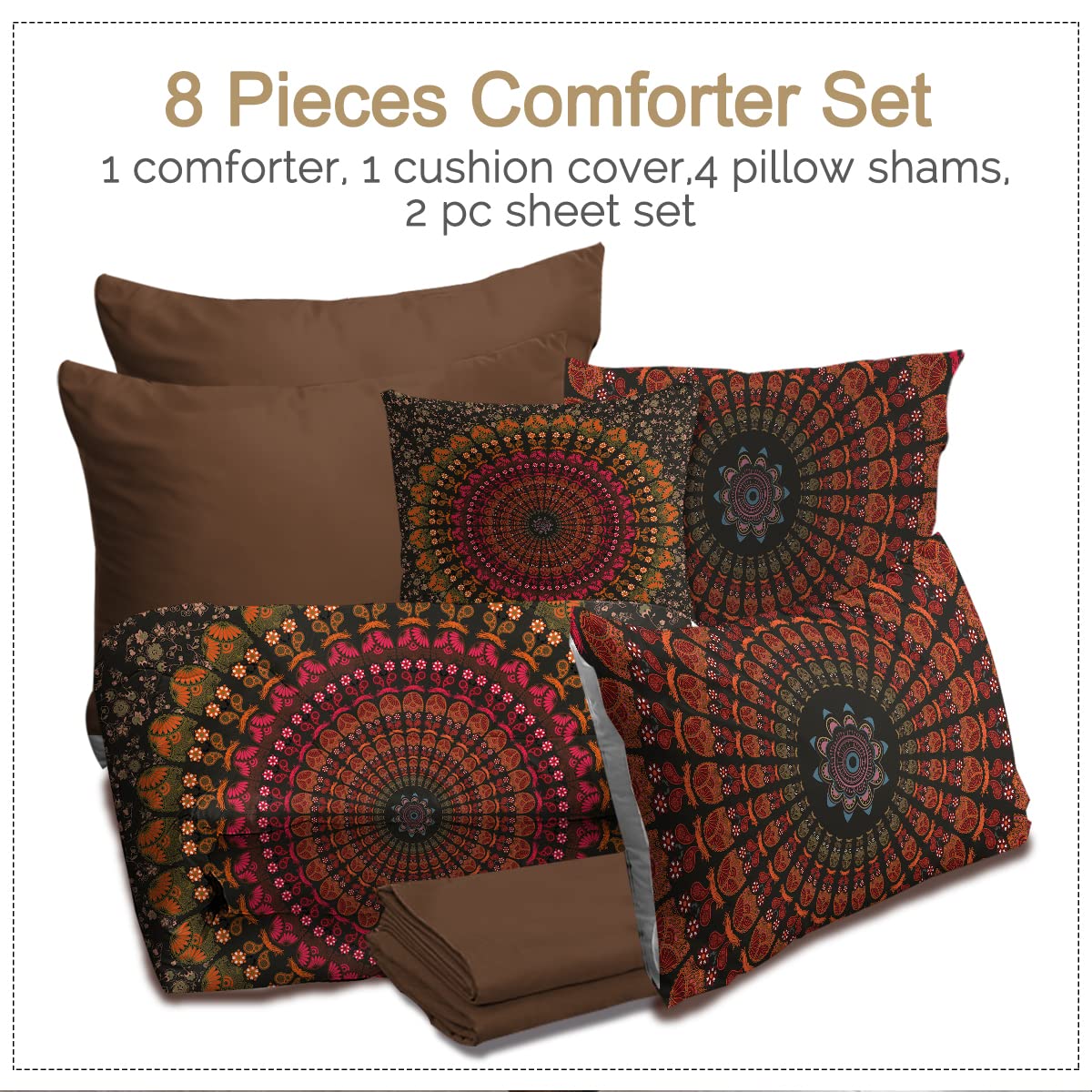 BlessLiving 8-Piece Bohemian Mandala Comforter Set - King Size Bed-in-A-Bag with Comforter, Sheets & Pillow Shams - Red Boho Hippie Bedding for Cozy Bedroom Decor & Guest Room Styling