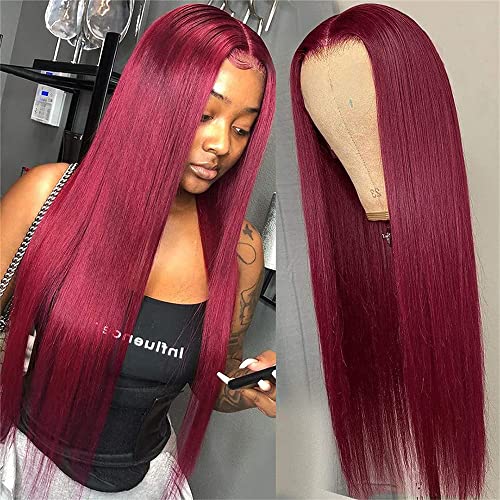 99J Burgundy Brazilian Human Hair Lace Front Wig for Black Women - 24 Inch Straight 4x4x1 T-Part Lace Closure Wig with Pre-Plucked 150% Density | Perfect for Daily Wear, Parties, and Special Occasions