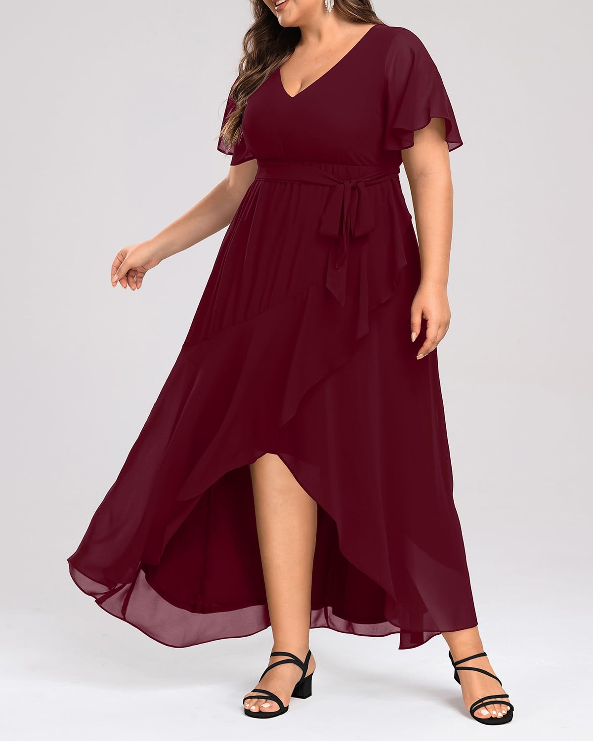 Plus Size Long Chiffon Dress with High Low Split & Ruffle Detail - Elegant Formal Maxi Dress for Women | Wedding Guest, Evening Party, Bridesmaid & Special Occasions