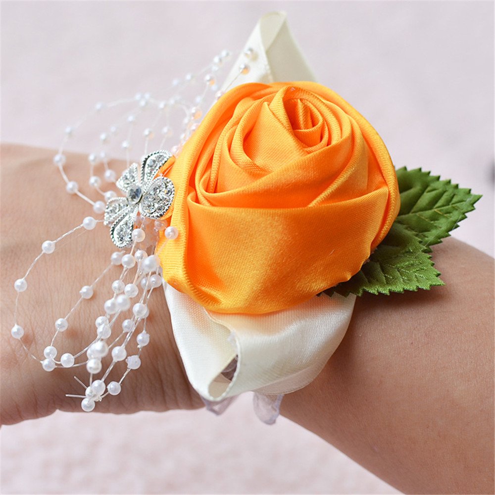 Elegant Orange Bridal Wrist Corsage Flowers - Set of 6 for Weddings, Bridesmaids, Prom & Special Events - Perfect for Bouquet Alternatives and Formal Occasions