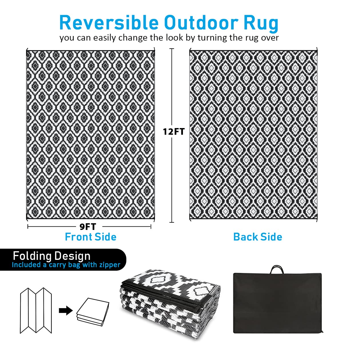 HIHEGD 9x12 Waterproof Reversible Outdoor Rug for Patio, Camping, RV - Durable Plastic Straw Mat for Indoor & Outdoor Use - Perfect for Porch, Deck, Backyard, Picnic (Black and White) - Ideal for Summer BBQs, Beach Trips, and Garden Parties