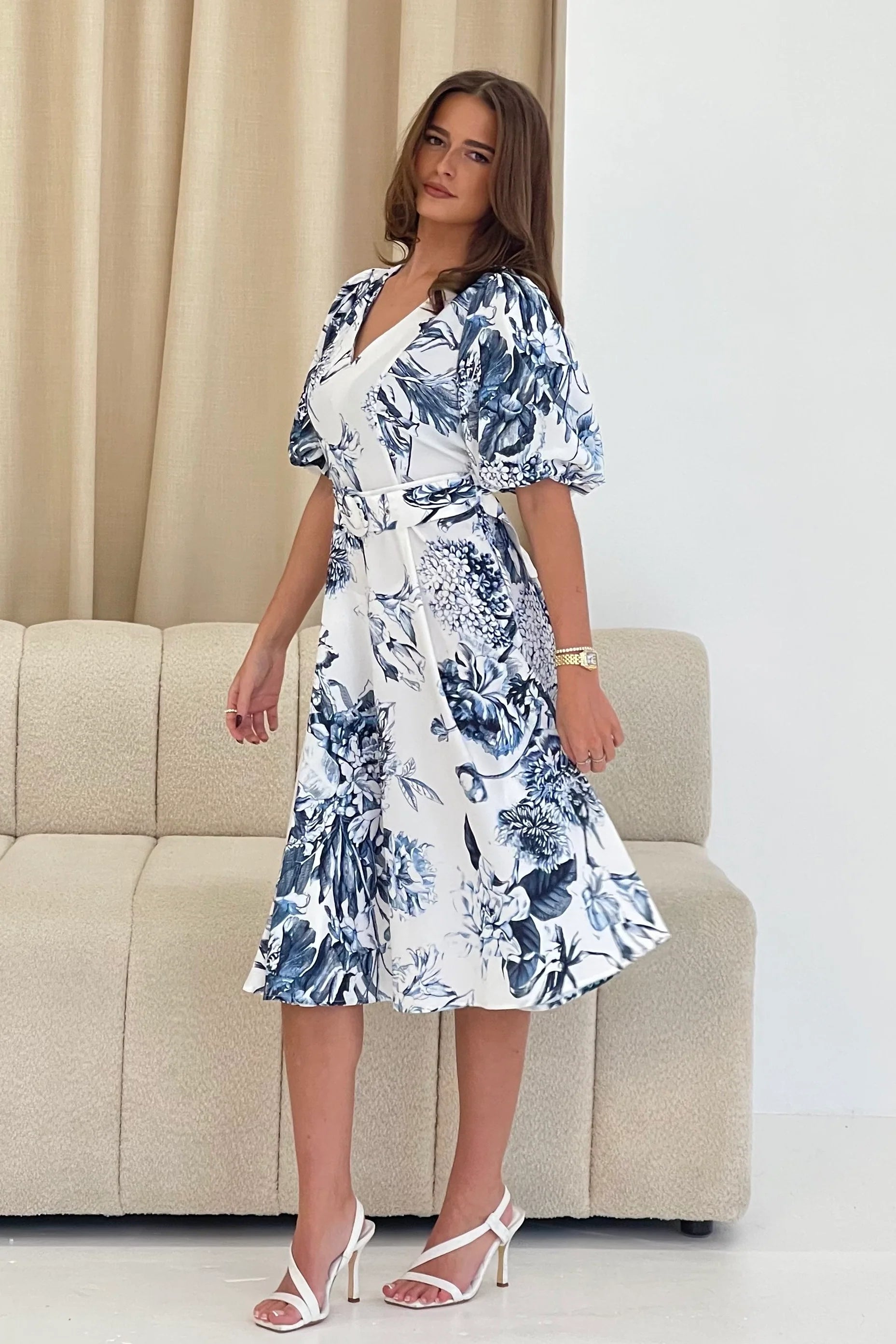 Bryn Puff Sleeve Midi Dress - Floral Print Blue Summer Dress for Women | Perfect for Beach Vacations, Garden Parties & Date Nights