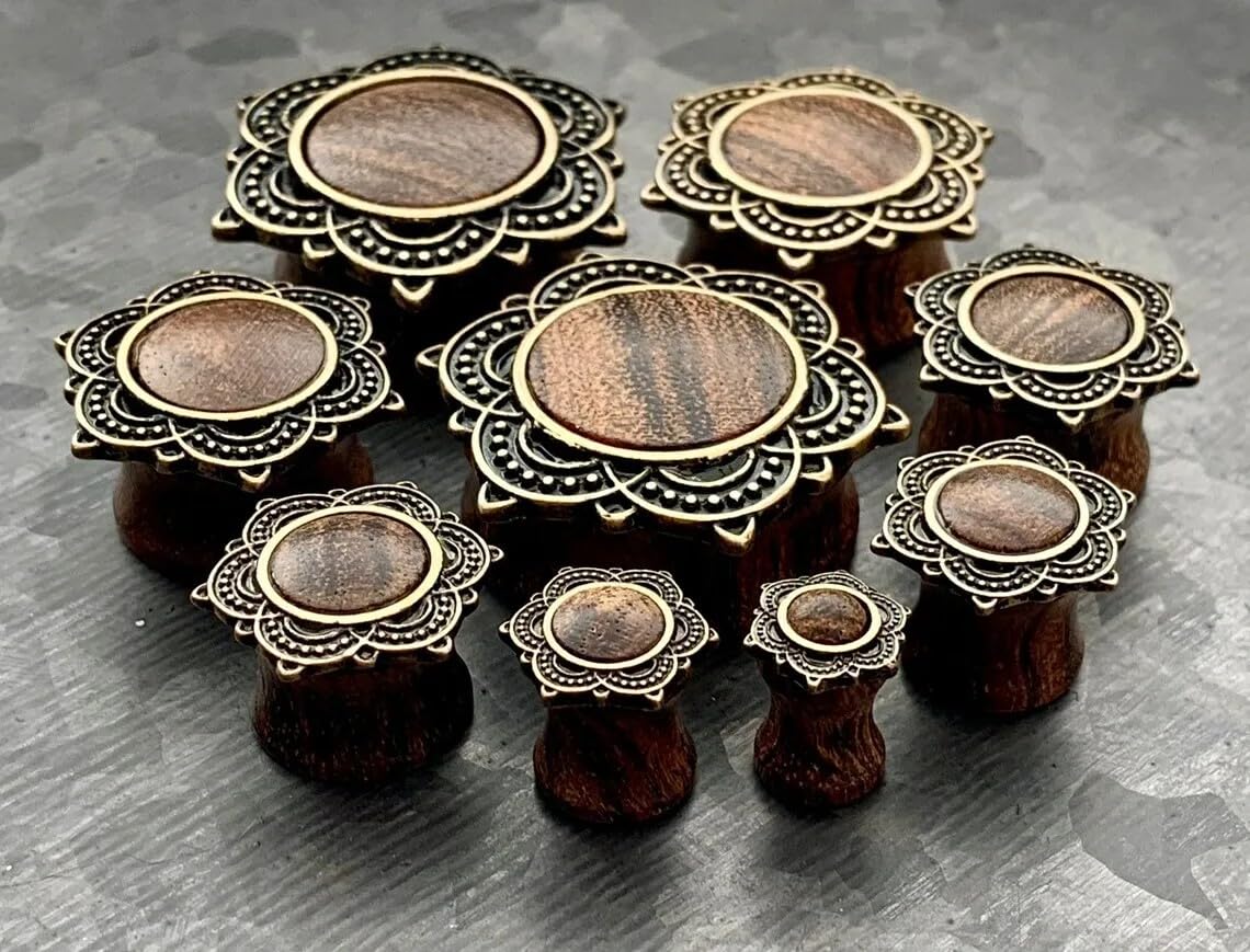 Rose Wood Plugs with Rose of Sharon Top - Organic Wooden Ear Gauges for Stretching - Body Jewelry for Men & Women - Perfect for Everyday Wear, Boho Style & Festival Fashion