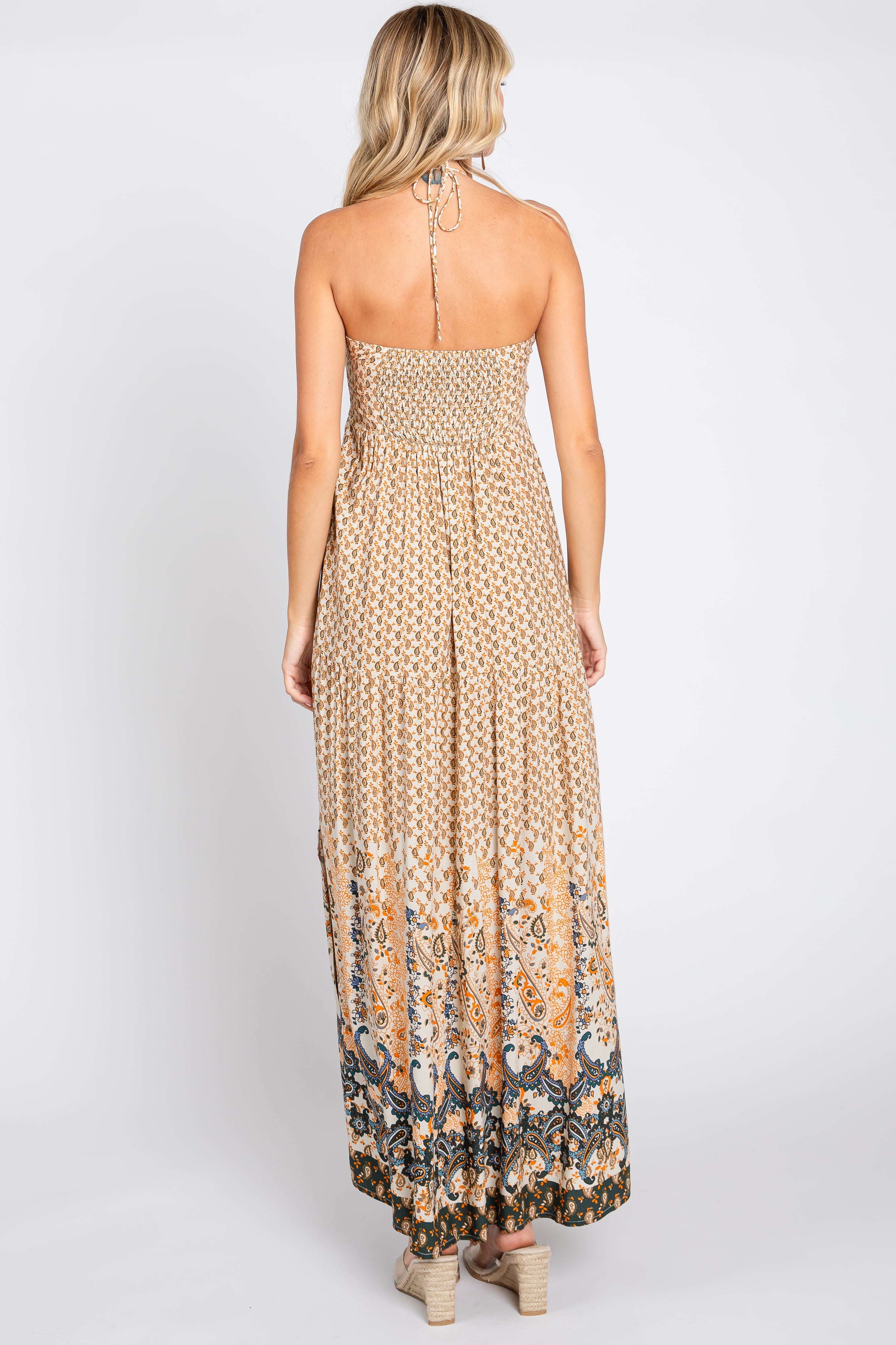 Beige Floral Paisley Halter Maxi Dress for Women - Boho Summer Beach Wedding Party Dress - Elegant Long Flowy Dress for Vacation, Date Night & Special Occasions