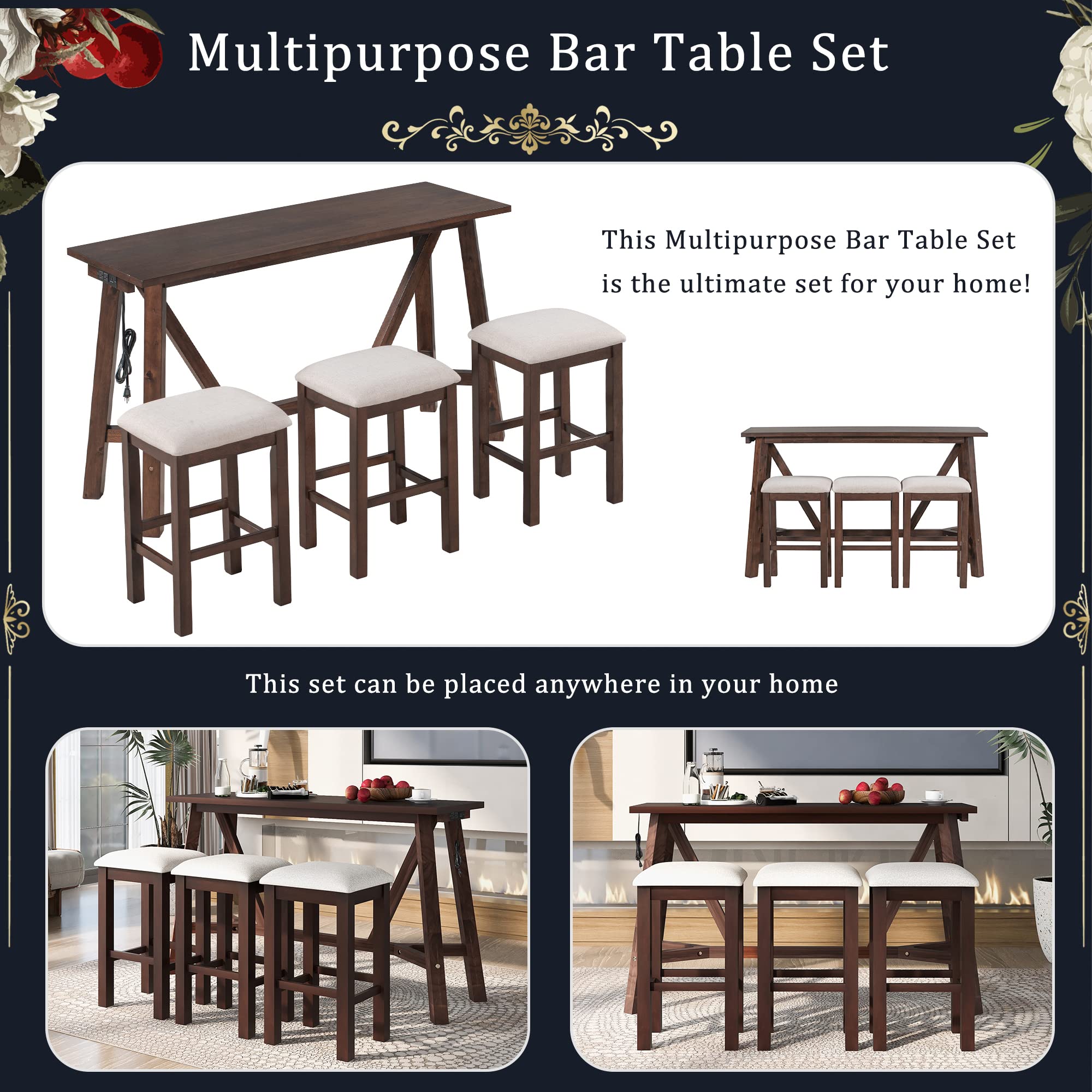 LZ LEISURE ZONE 4-Piece Dining Table Set for 3 with Upholstered Stools - Dark Walnut & Beige Kitchen Bar Table Set for Small Spaces, Breakfast Nook, Apartment Dining | Perfect for Compact Homes, Studio Apartments and Cozy Kitchenettes