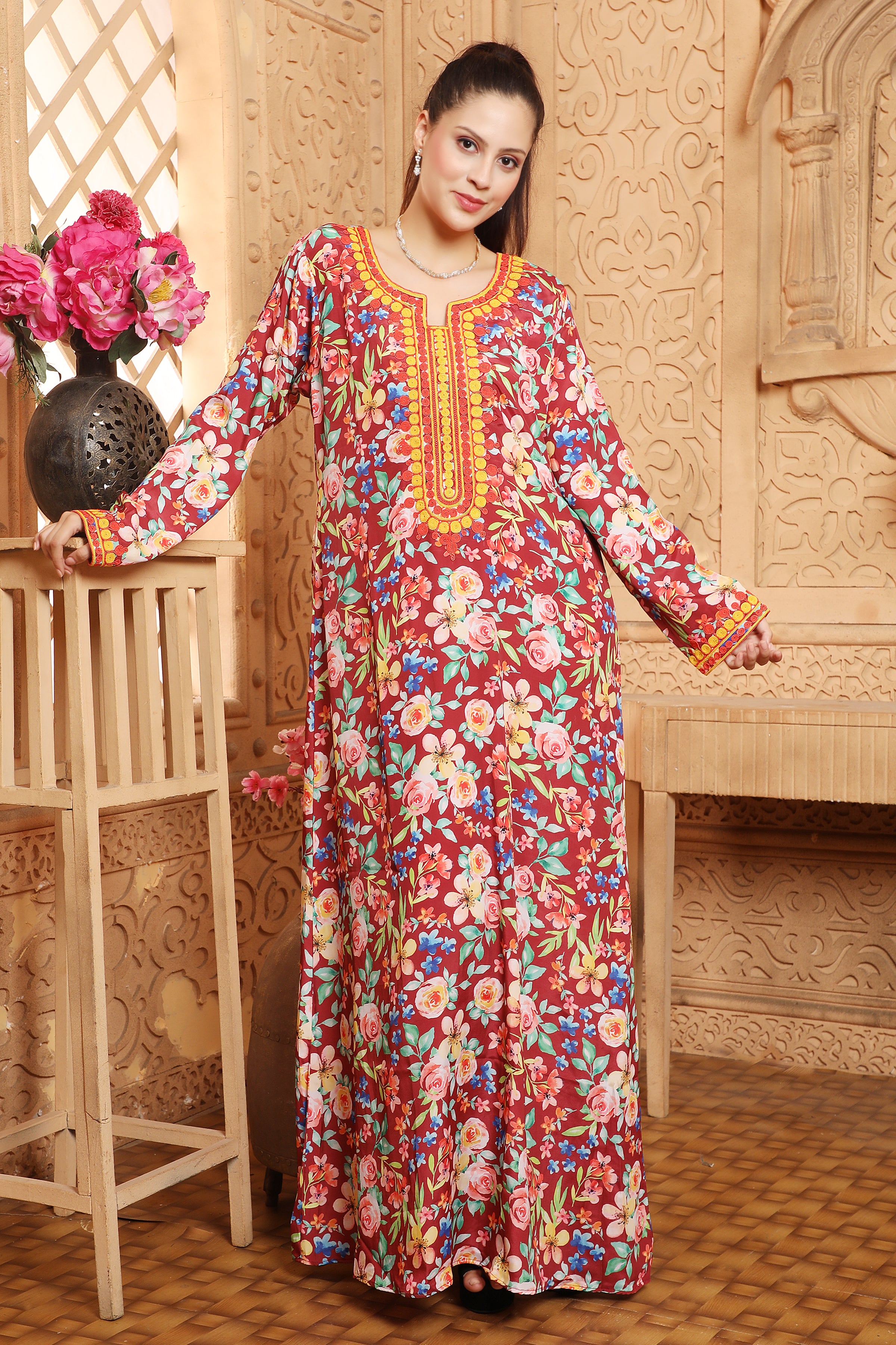 Elegant Ethnic Mukhawar Red Floral Print Kaftan Dress | Boho Chic Women's Maxi Dress for Beach, Party & Special Occasions