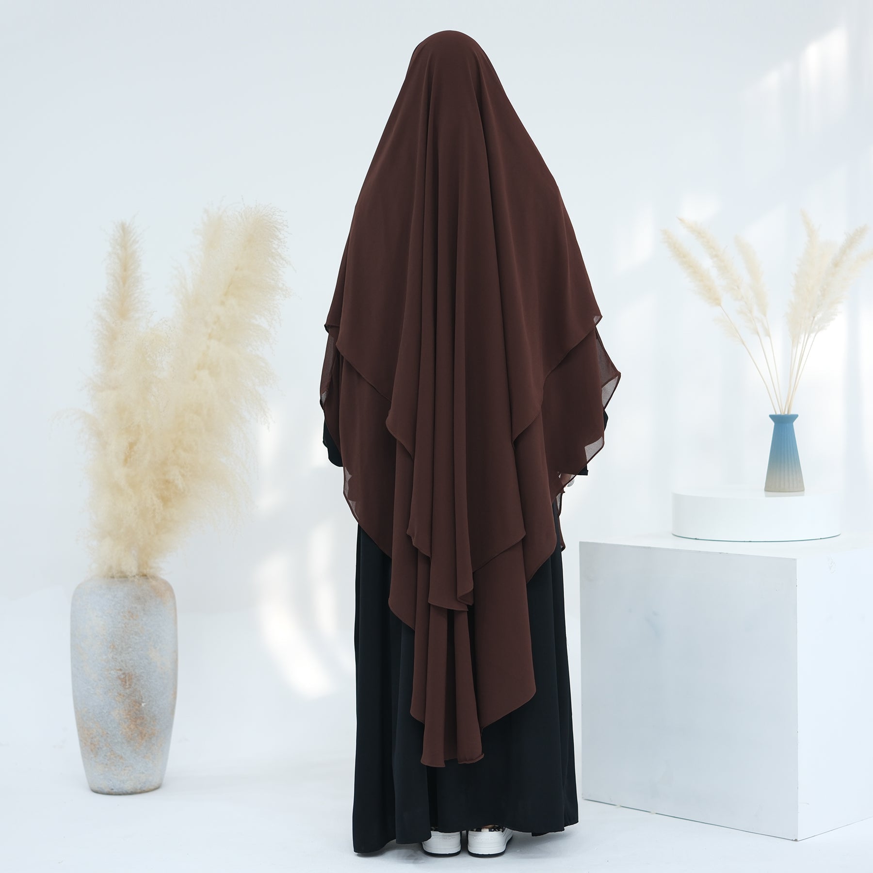 2 Layer Maxi Chiffon Khimar Scarf - Elegant Coffee Color Muslim Prayer Hijab for Women, Perfect for Daily Wear, Prayer, and Special Occasions
