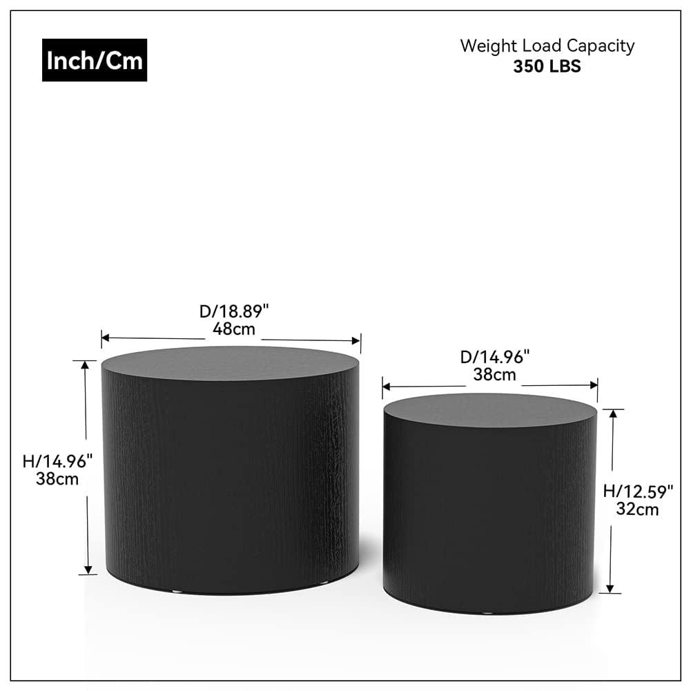 Modern Round Nesting Coffee Table Set of 2 - Wooden Circle Accent Tables with Non-Slip Feet for Small Spaces - Perfect for Living Room, Bedroom, Balcony, Office & Drum Side Table (Black) - Ideal for Home Decor, Coffee Time & Space Saving Furniture