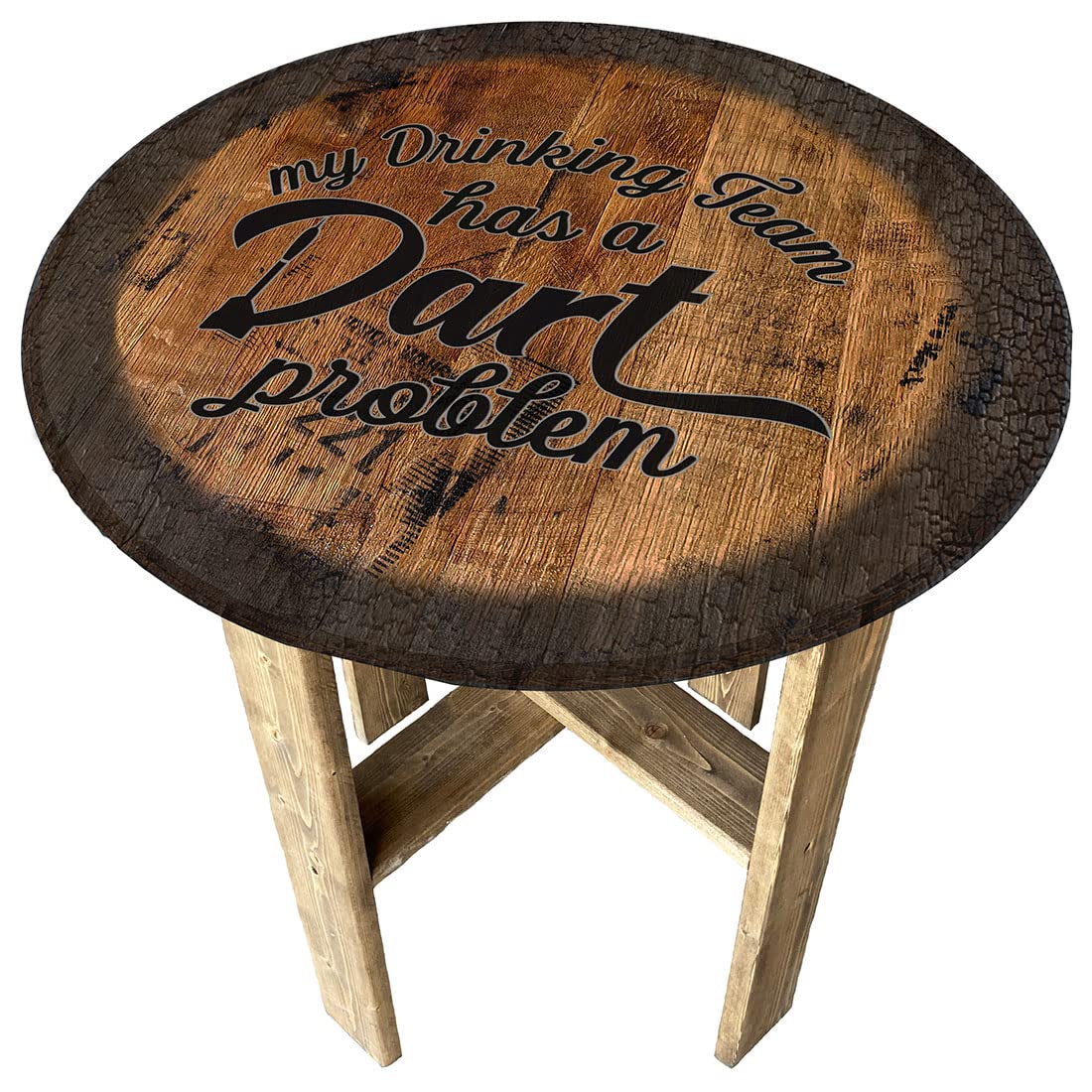 Whiskey Barrel End Table - Rustic Farmhouse Style Round Coffee Table with Dartboard Design - Perfect for Man Cave, Bar Decor, and Drinking Game Nights
