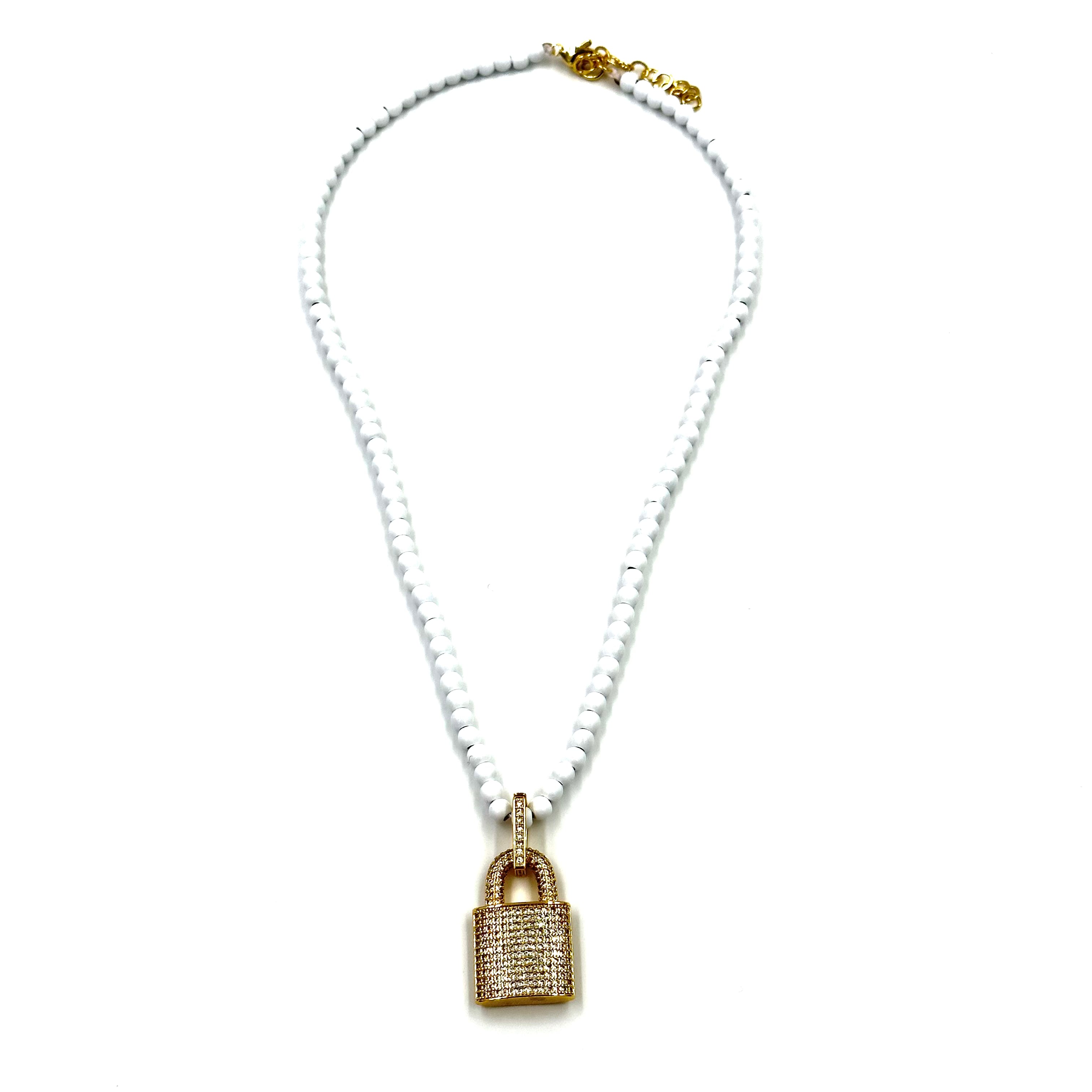 Ashley Gold Stainless Steel Gold Plated CZ Lock Pendant White Beaded Necklace for Women - Elegant Jewelry Gift for Birthday, Anniversary & Special Occasions