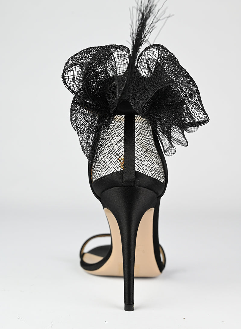 Valentino Black Satin Sandals with Flower Detail - Size 37 | Elegant Women's Dress Sandals for Weddings & Special Occasions