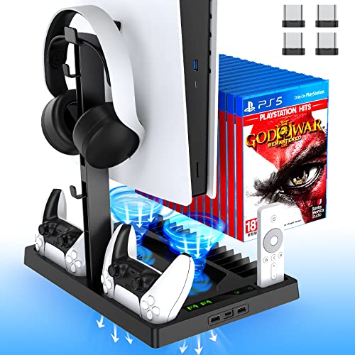 BSOON PS5 Vertical Stand with Cooling Fan - Dual Controller Chargers, 15 Game Disc Storage & Headset Holder - Playstation 5 Console Organizer for Gaming Setup & Entertainment Center