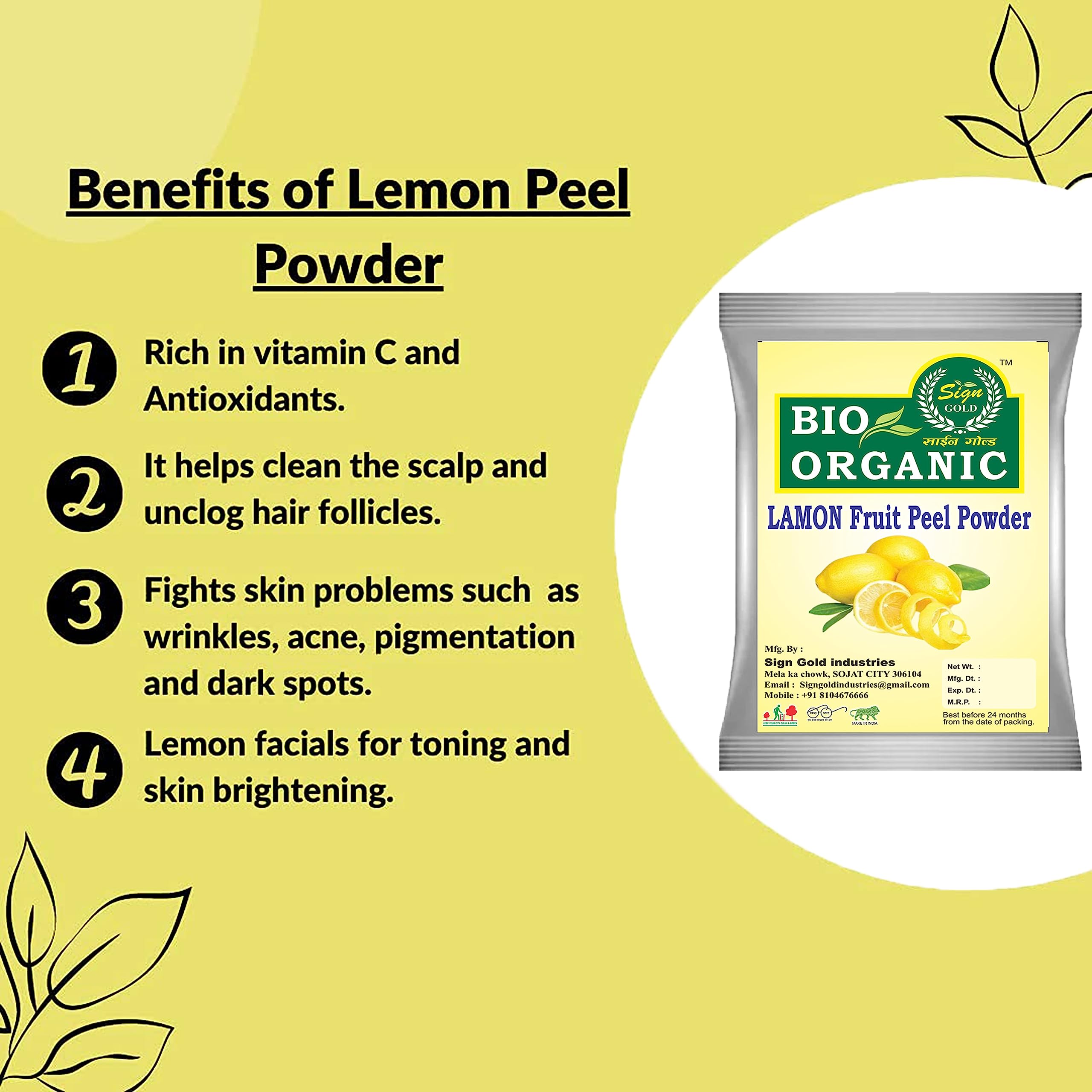 Organic Gold Lemon Peel Powder for Hair & Skin Care - 100g | Brightening, Exfoliating & Nourishing | DIY Face Masks, Hair Treatments & Natural Beauty Recipes
