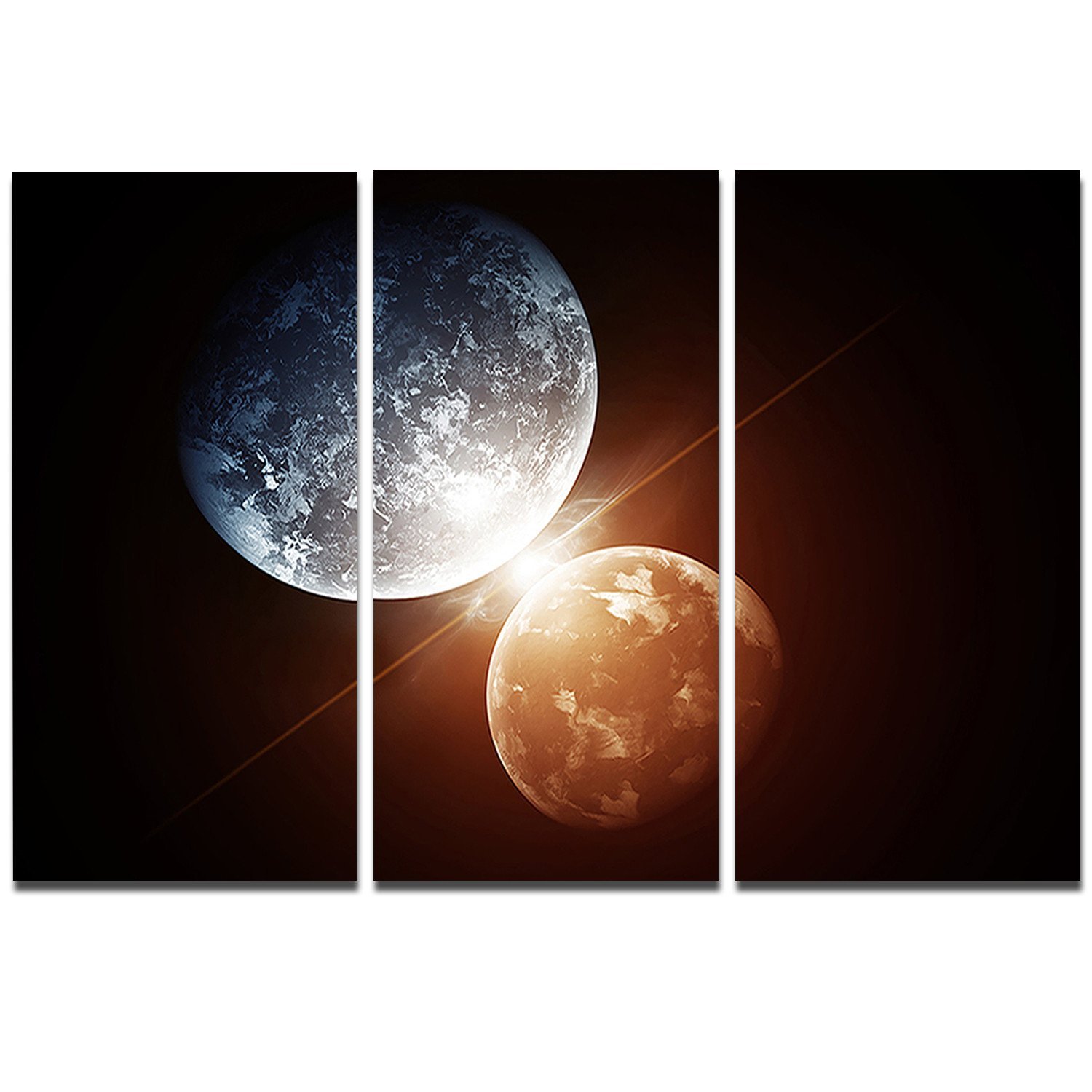 Designart Kiss Between Two Planets - Modern Space-Themed 3-Panel Metal Wall Art Decor (36x28 Inches) - Perfect for Living Room, Bedroom & Office Spaces