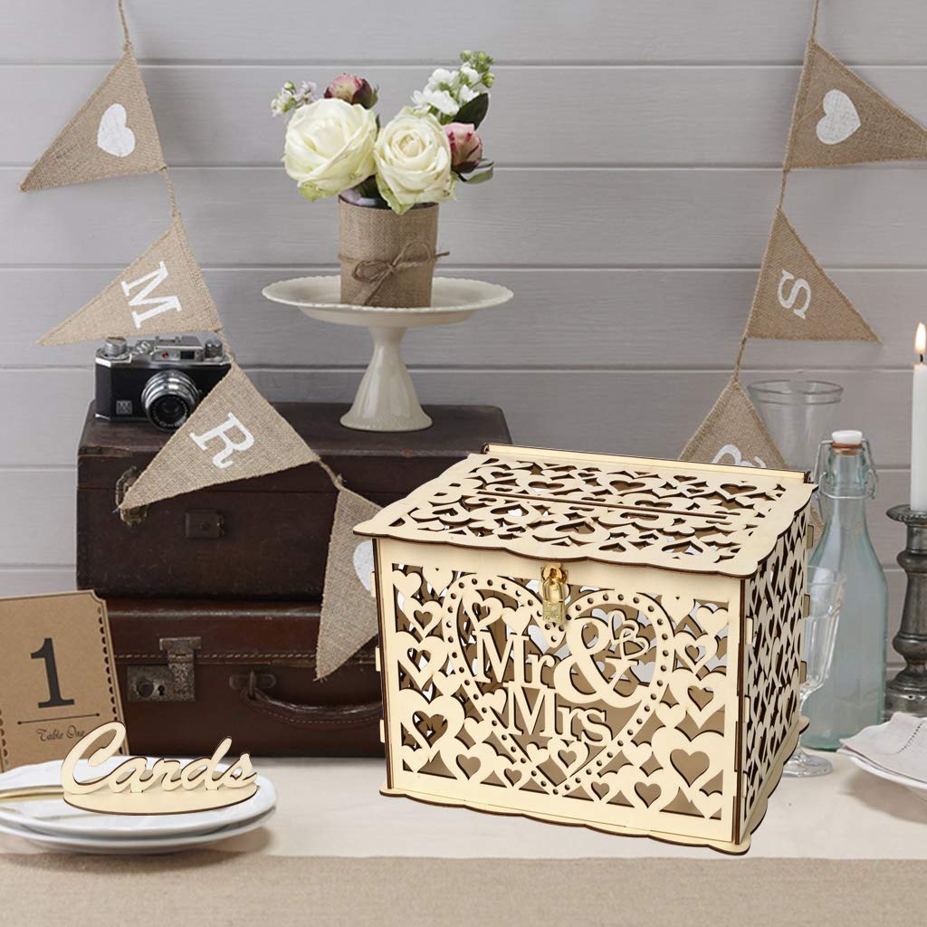 Alnicov Wooden Wedding Card Box with Lock Slot - DIY Money Gift Box for Wedding, Anniversary, Birthday & Graduation Parties - Large Size Mr & Mrs Decorative Keepsake - Perfect for Reception Decor & Cash Gift Collection