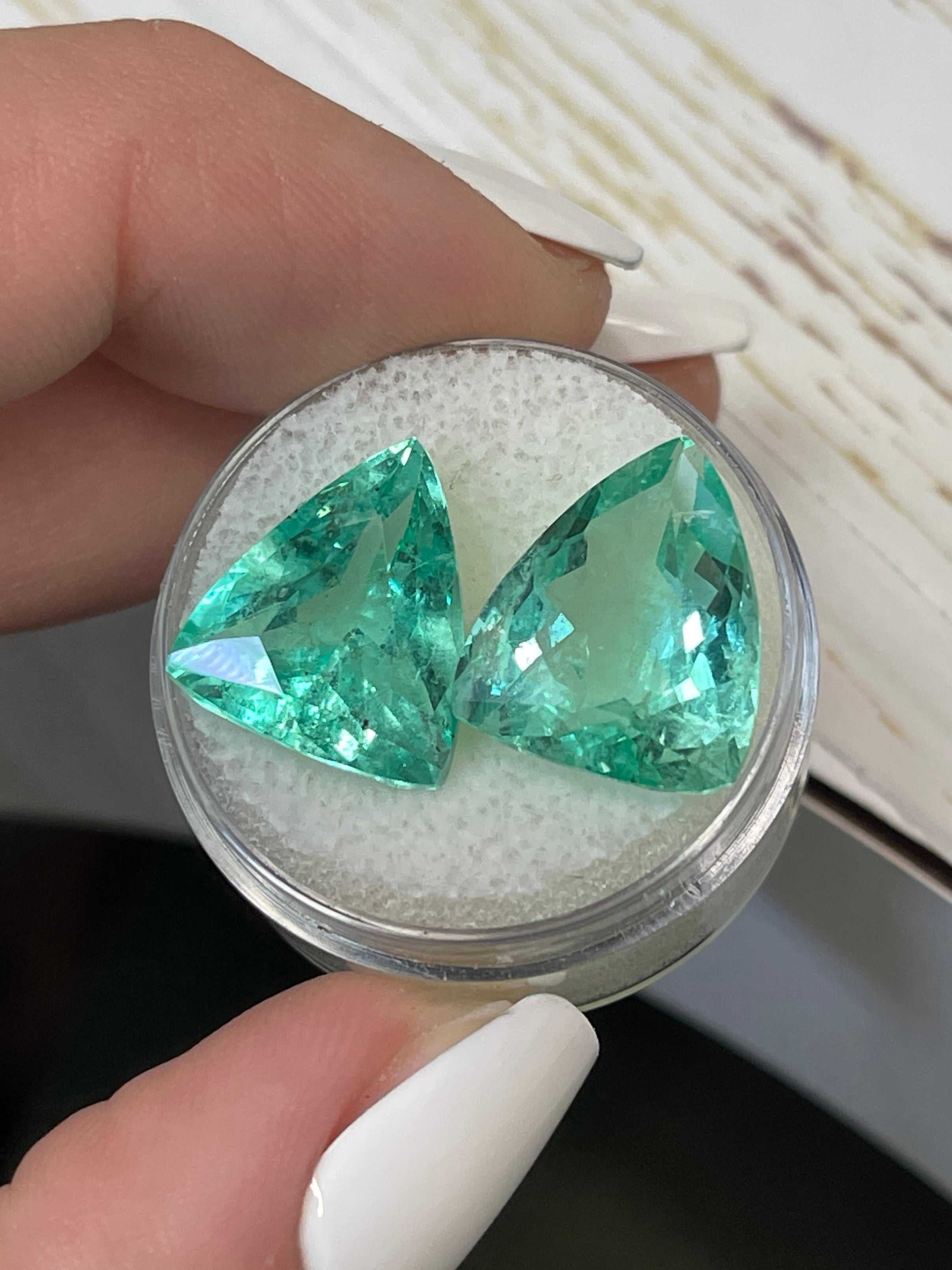 15.76tcw Natural Colombian Emerald Loose Gemstones - Matching Pair 15x13mm Green Trillion Cut for Jewelry Making, Engagement Rings & Custom Designs