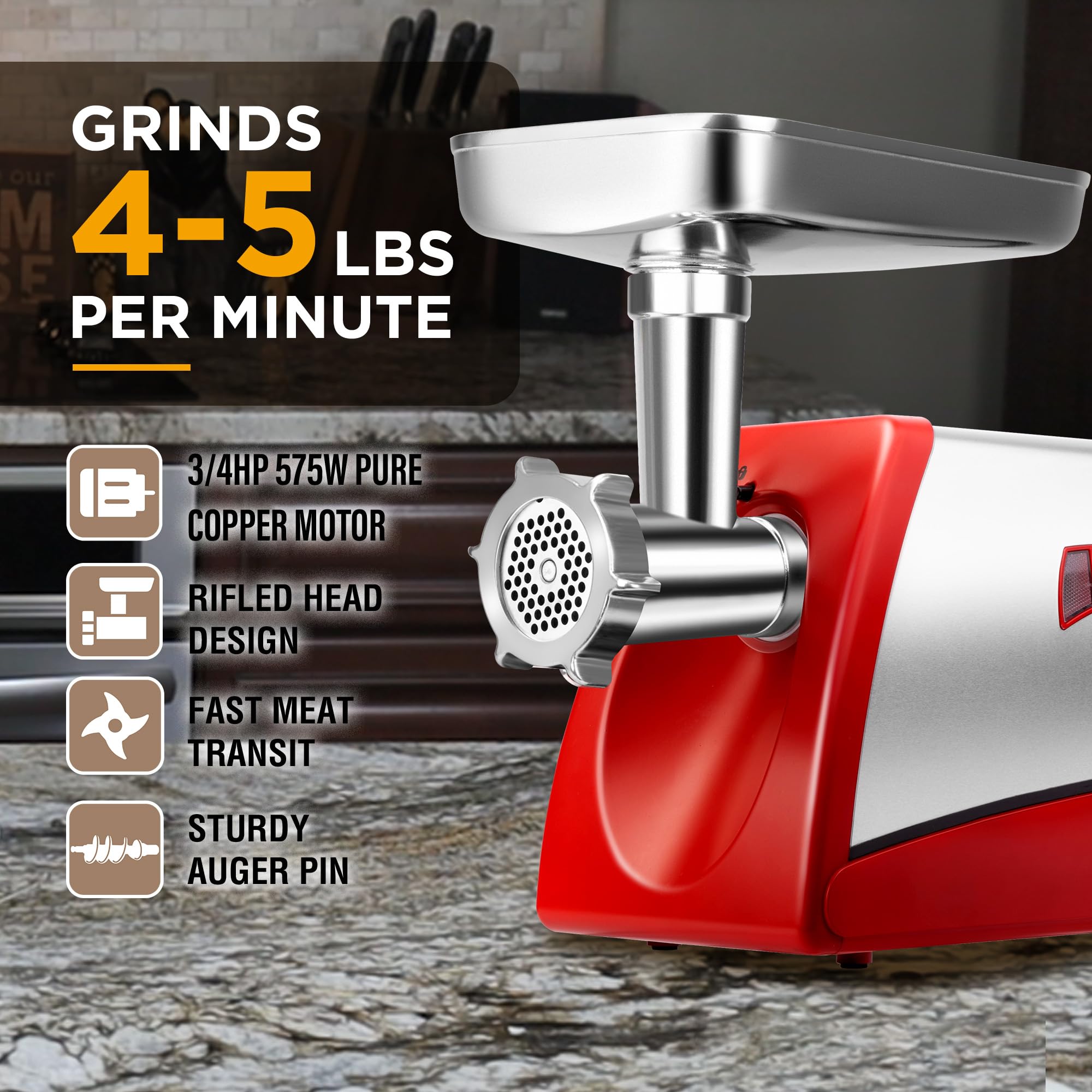 Powerful 3/4 HP Electric Meat Grinder & Sausage Stuffer - 575W Heavy Duty Mincer with Stainless Steel Blades, 3 Grinding Plates, 2 Meat Claws & Sausage Tube - Perfect for Home Kitchen, BBQ Parties, and Hunting Season (Red)