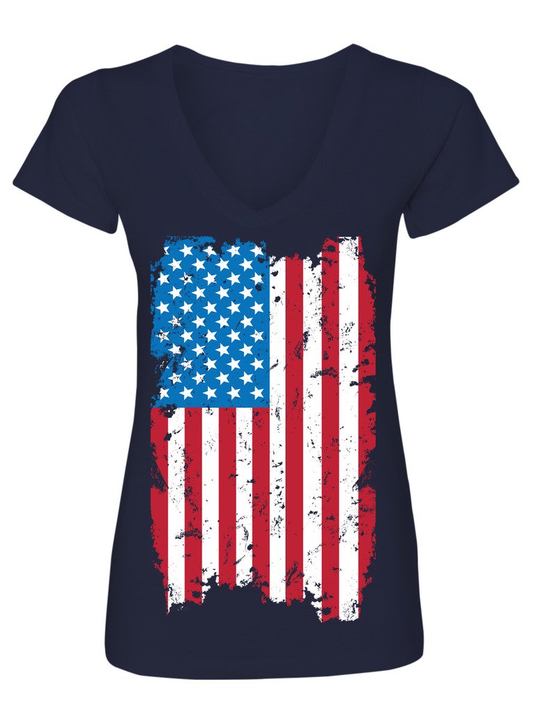 Manateez Women's USA Tattered American Flag V-Neck T-Shirt - Large Size, Navy Blue - Patriotic Casual Wear for Everyday & 4th of July Celebrations