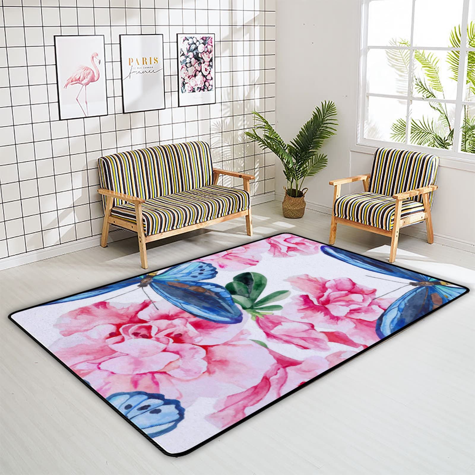 Pink Azalea & Blue Butterflies Crawling Play Mat - 72x48 Inch Non-Slip Nursery Rug for Babies & Toddlers | Soft Educational Floor Mat for Living Room, Bedroom & Playroom | Perfect for Crawling, Learning & Playtime
