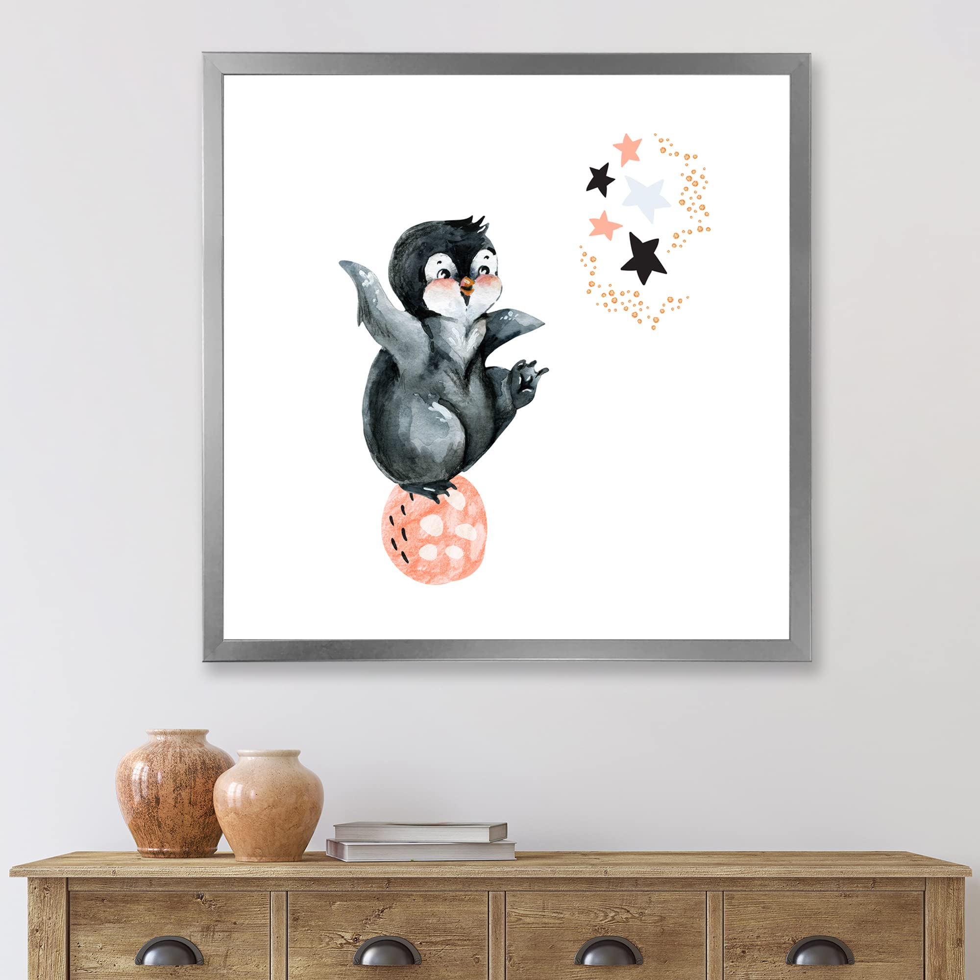 DesignQ Little Penguin With Stars and Planets II Farmhouse Framed Wall Art - Nursery Decor, Kids Room Wall Art, Living Room Decoration, Perfect Gift for Penguin Lovers