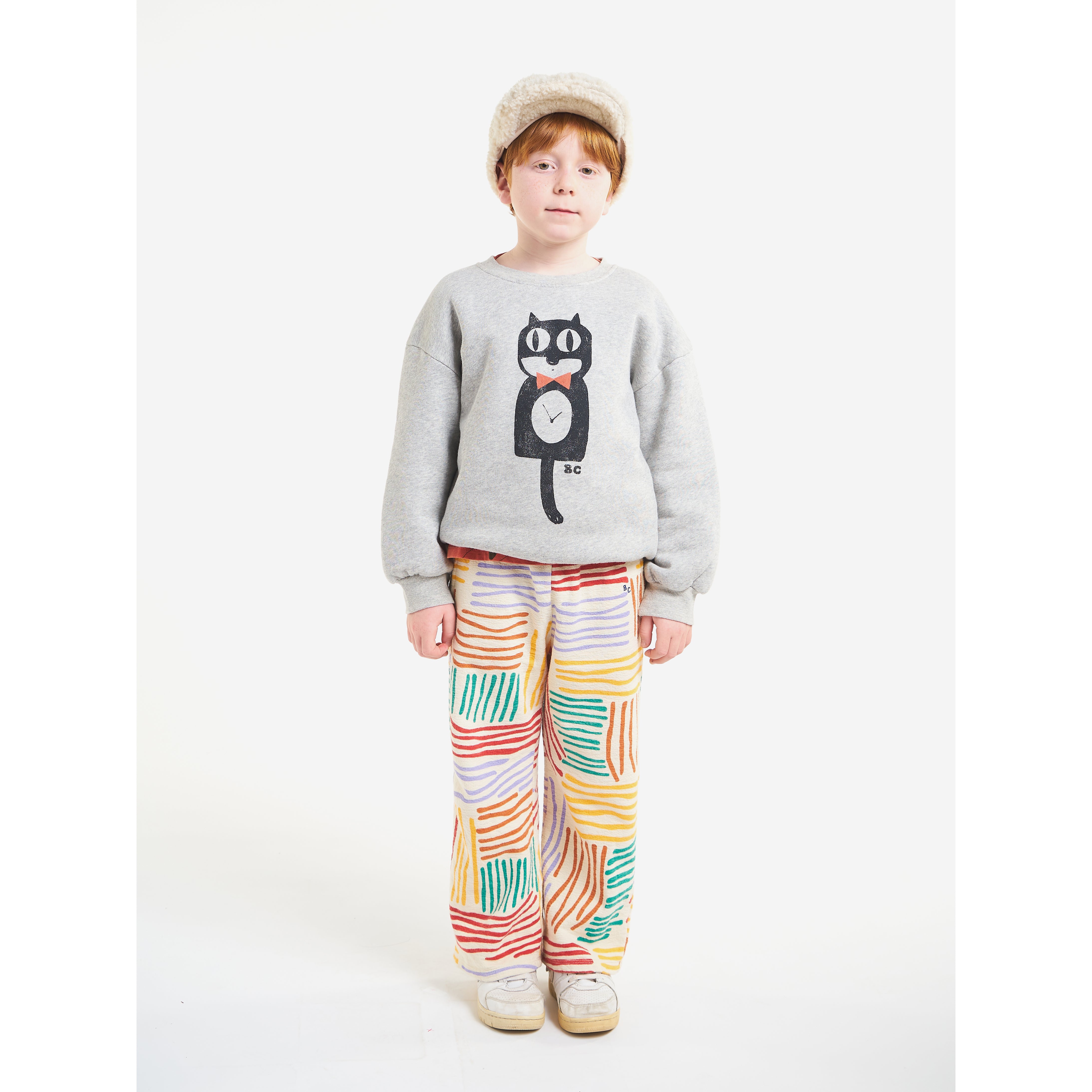 Bobo Choses Grey Melange Cat O'clock Sweatshirt for Women & Girls - Cute Casual Pullover for Everyday Wear, School, and Playdates
