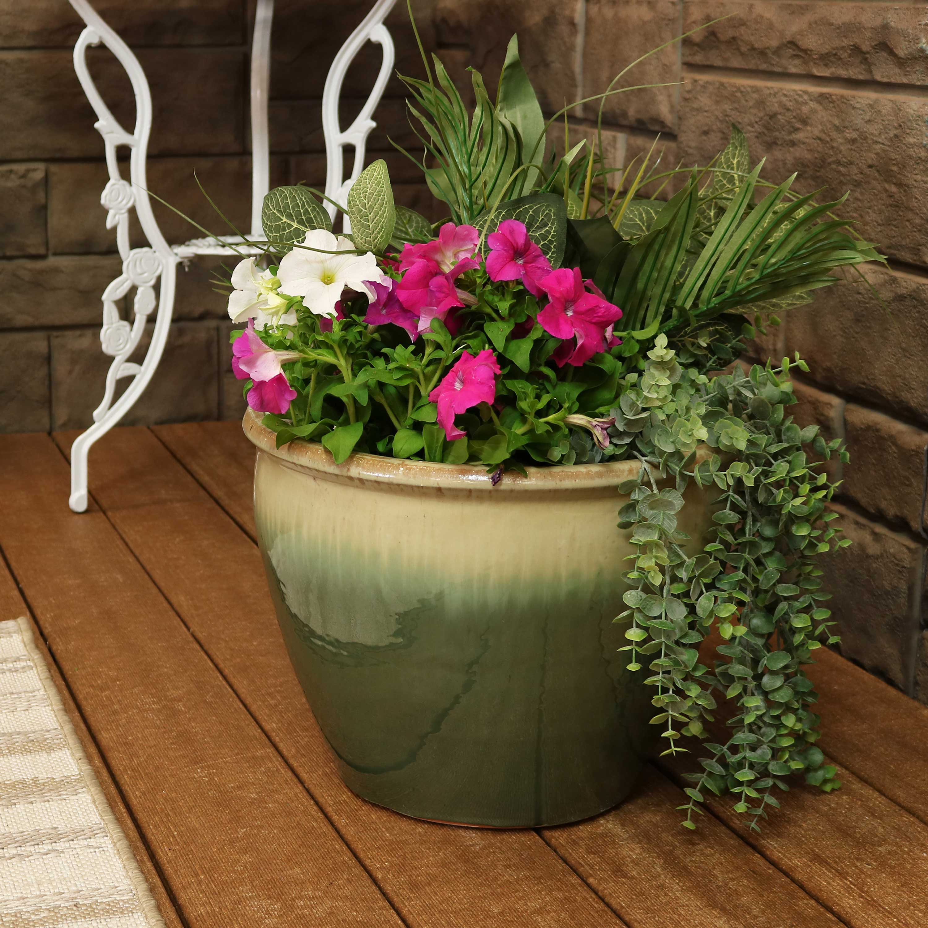 Sunnydaze Chalet Round Glazed Ceramic Planter with Drainage Hole - Outdoor Garden Flower Pot for Patio, Balcony & Home Decor