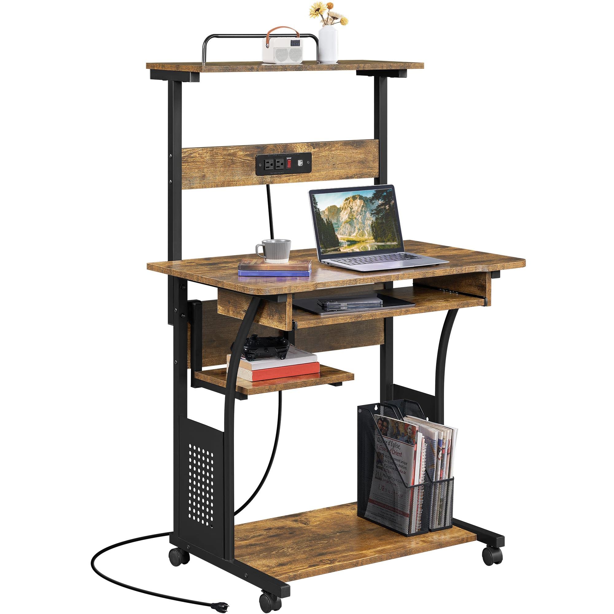 Yaheetech 3-Tier Mobile Computer Desk with Wheels - Rolling Home Office Workstation with Charging Station, Keyboard Tray, Power Outlet & USB Ports - Perfect for Small Spaces, Dorm Rooms & Home Office Setup (Rustic Brown)