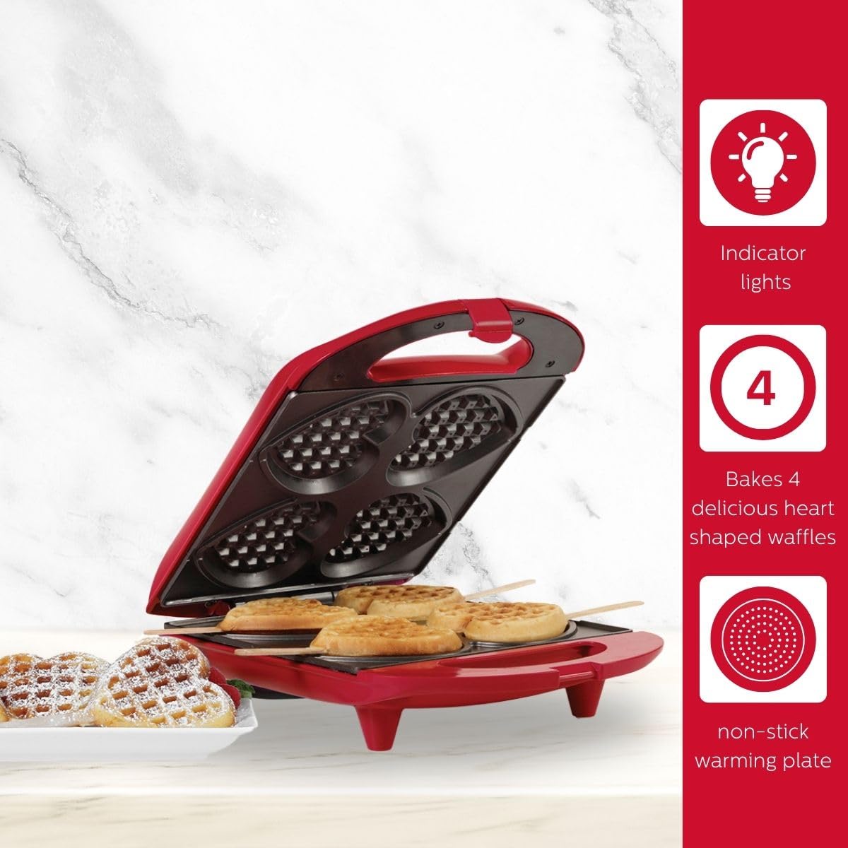 Holstein Housewares Red Non-Stick Heart Waffle Maker - 4 Heart-Shaped Waffles in Minutes - Perfect for Valentine's Day Breakfast, Romantic Dates & Family Brunch