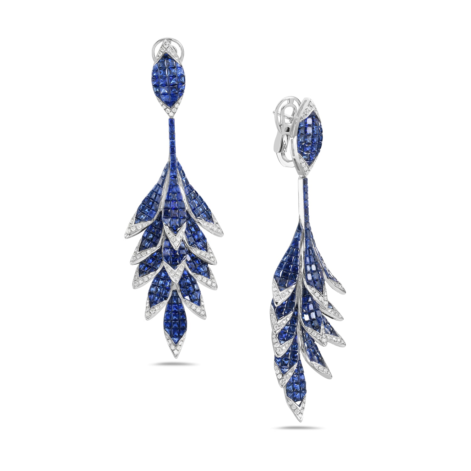Blue Sapphire Channel Set Diamond Leaf Design Dangler Earrings in 14K White Gold - Elegant Jewelry for Weddings & Evening Events