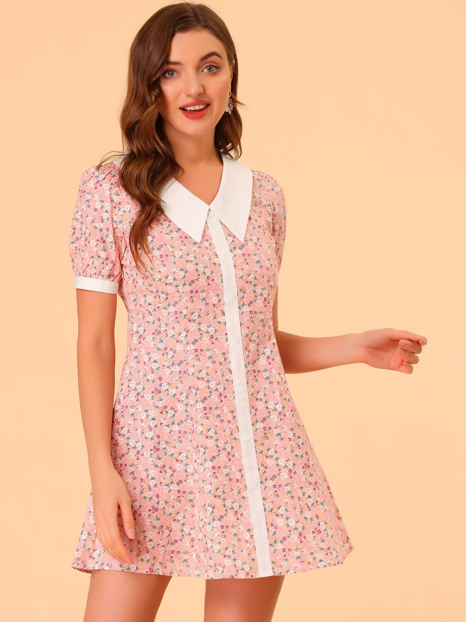 Allegra K Women's Floral Print Cotton Shirt Dress with Collar & Belted Waist | Summer Button Down Tunic Dress in Medium Pink | Perfect for Beach Vacations, Brunch Dates & Office Wear