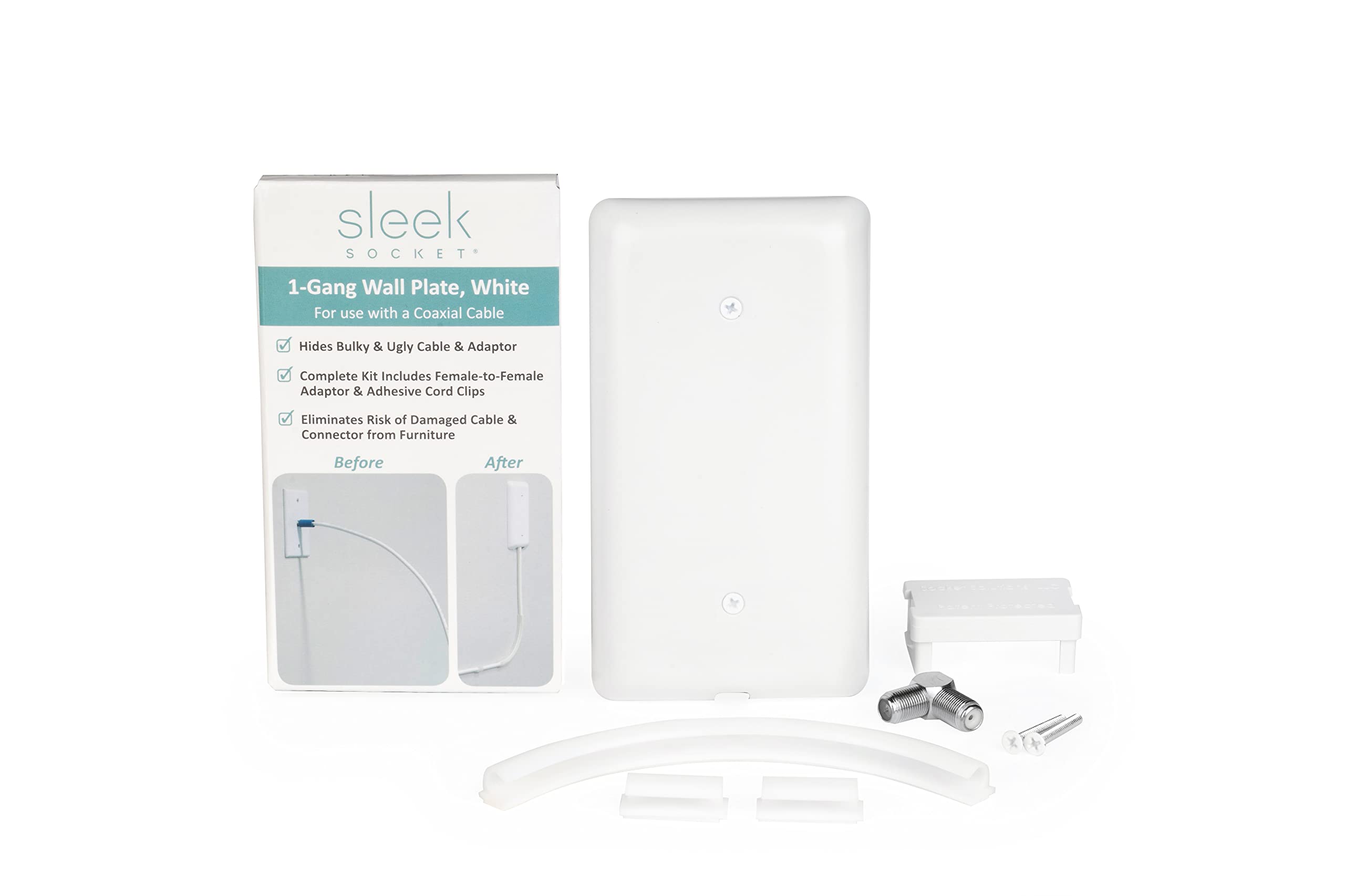 1-Gang Wall Plate for Coaxial Cable - F-to-F 90 Degree Connector with Adhesive Cable Management Kit | Ideal for Home Theater, Office & Networking Setup