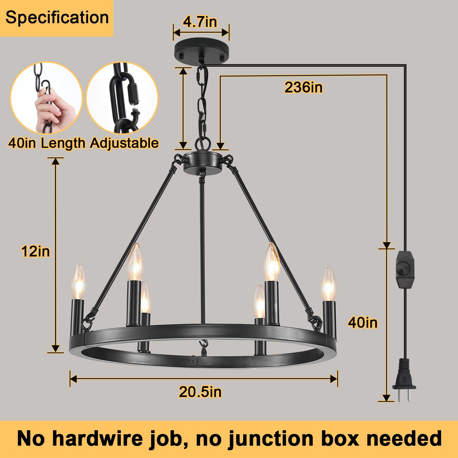 HOXIYA 6-Light Dimmable Plug-in Wagon Wheel Chandelier - 20.5