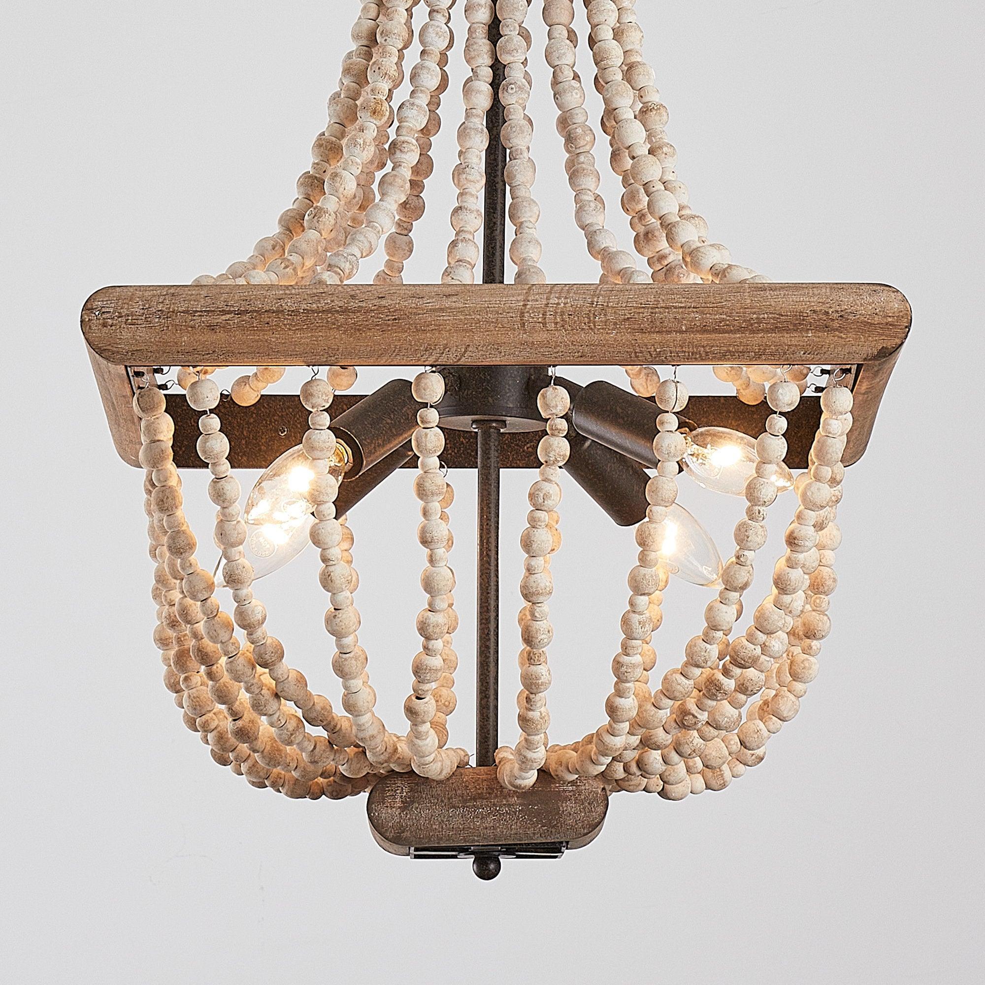 Regas 4-Light Wood Bead Candle Style Chandelier - Rustic Farmhouse Ceiling Light Fixture for Dining Room, Bedroom, or Living Room Decor