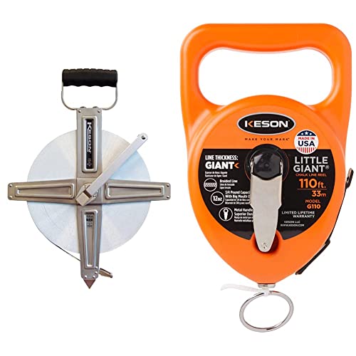 Keson SNR18300 Nylon-Reinforced Steel Blade Tape Measure with Stainless Steel Housing - 25 ft/7.5m Retractable Measuring Tape for Construction, Carpentry & DIY Projects | G110 Little Giant Chalk Line Reel with 12-Ounce Chalk Capacity (110-Foot) - Perfect for Masonry, Roofing & Concrete Marking