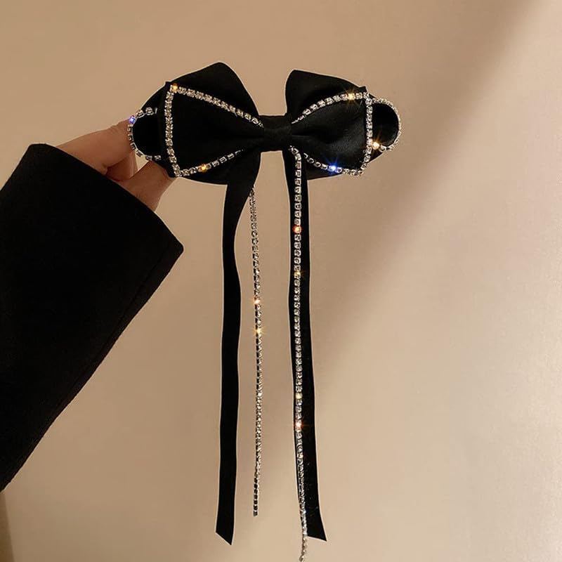 FAMEZA Large Rhinestone Bow Hair Clip with Tassel - Elegant French Design Barrettes for Women & Girls (Black) | Perfect for Weddings, Parties & Everyday Fashion Accessories