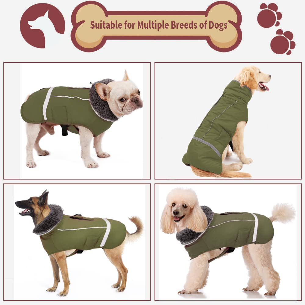 Waterproof Dog Winter Coat with Thick Furry Collar & Reflective Strips - Warm Fleece Lining for Small Medium Large Dogs - Cold Weather Snow Jacket for Outdoor Walking Hiking Camping