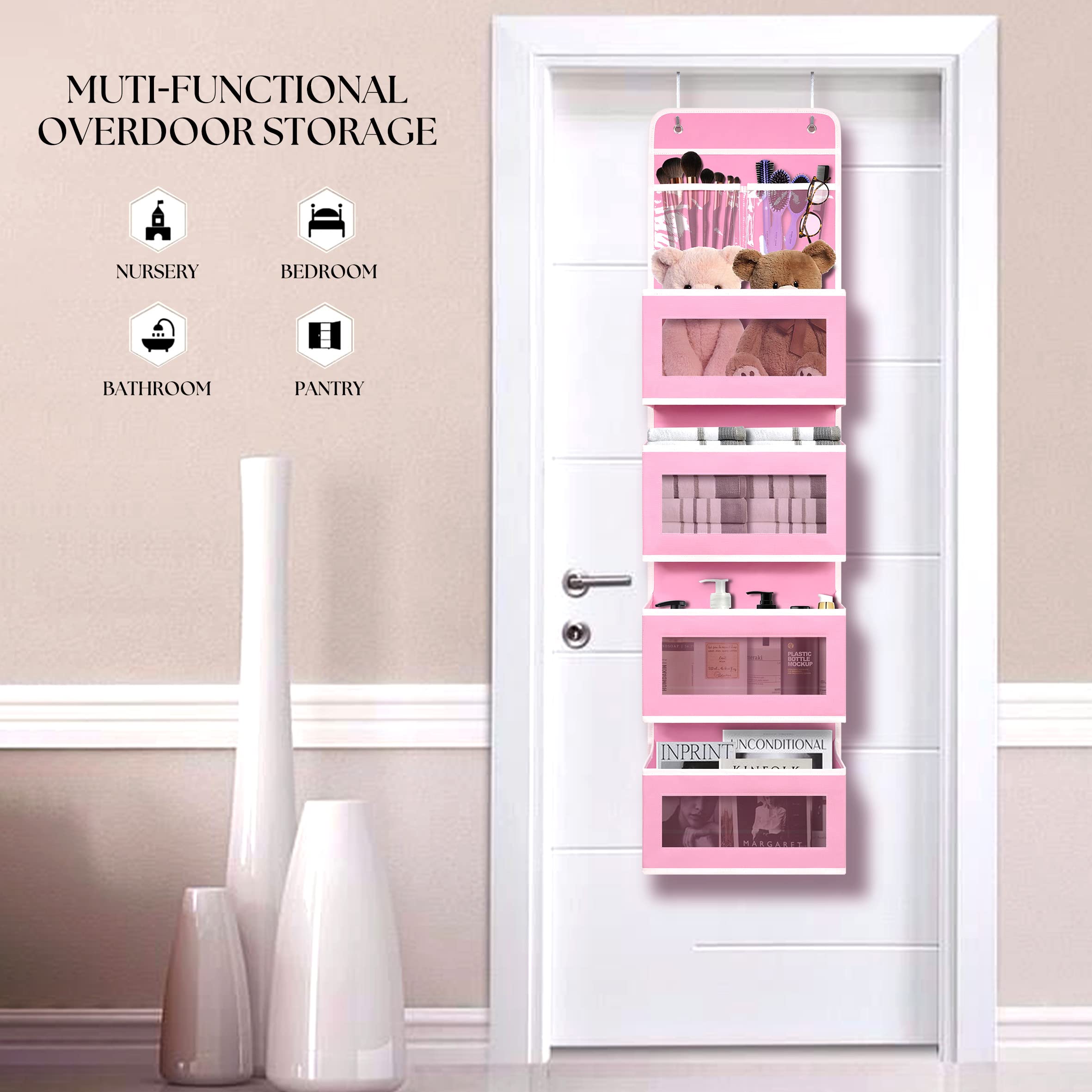 Over Door Organizer with 4 Large Pockets - Hanging Storage for Closet, Bathroom, Nursery & Dorm - Perfect for Toys, Cosmetics, Baby Essentials & Home Organization (Pink) - Ideal for Small Space Storage & Decluttering
