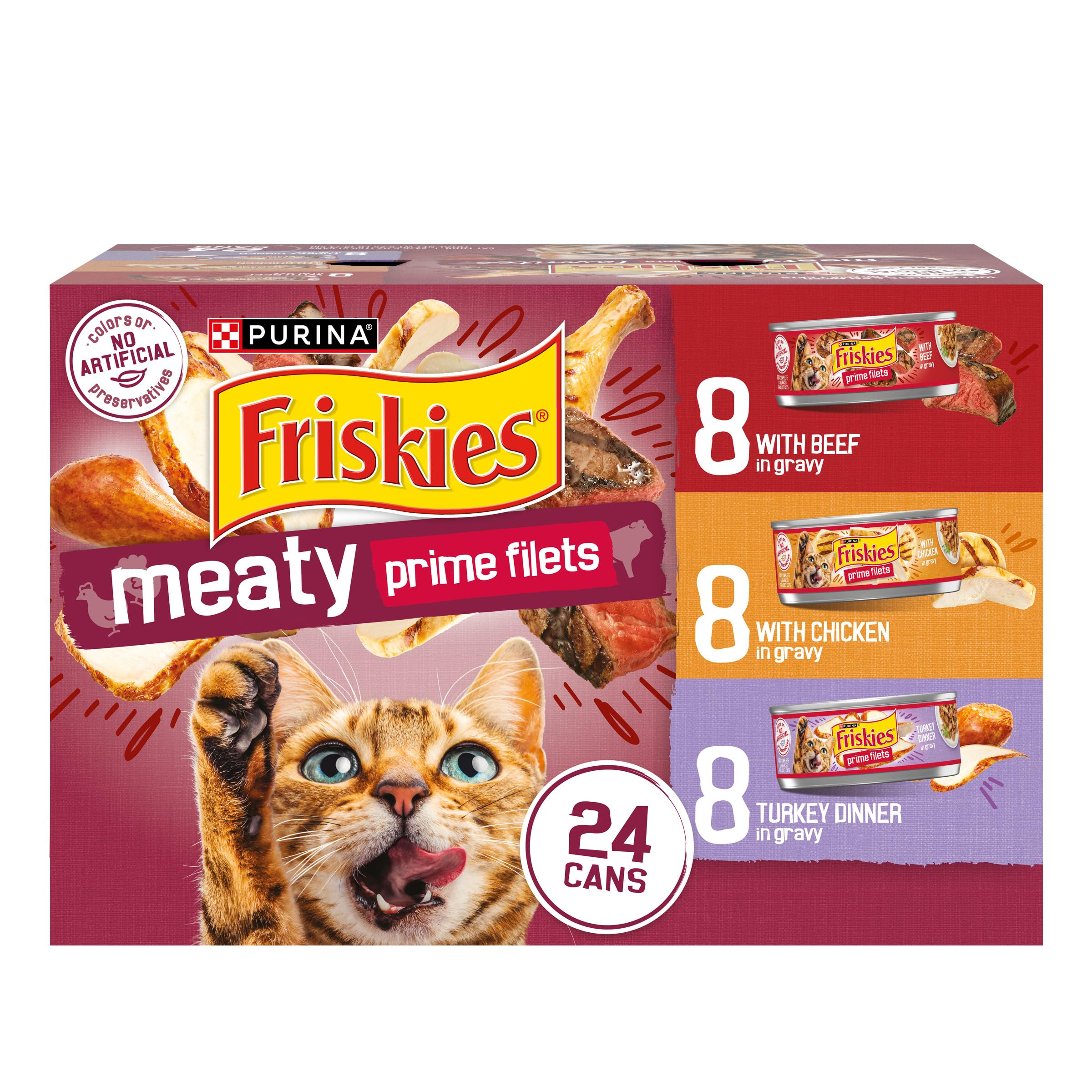 Purina Friskies Gravy Wet Cat Food Variety Pack - Prime Filets Meaty Favorites (24 Pack, 5.5 oz Cans) - Delicious & Nutritious Wet Food for Adult Cats - Perfect for Mealtime, Treats & Picky Eaters