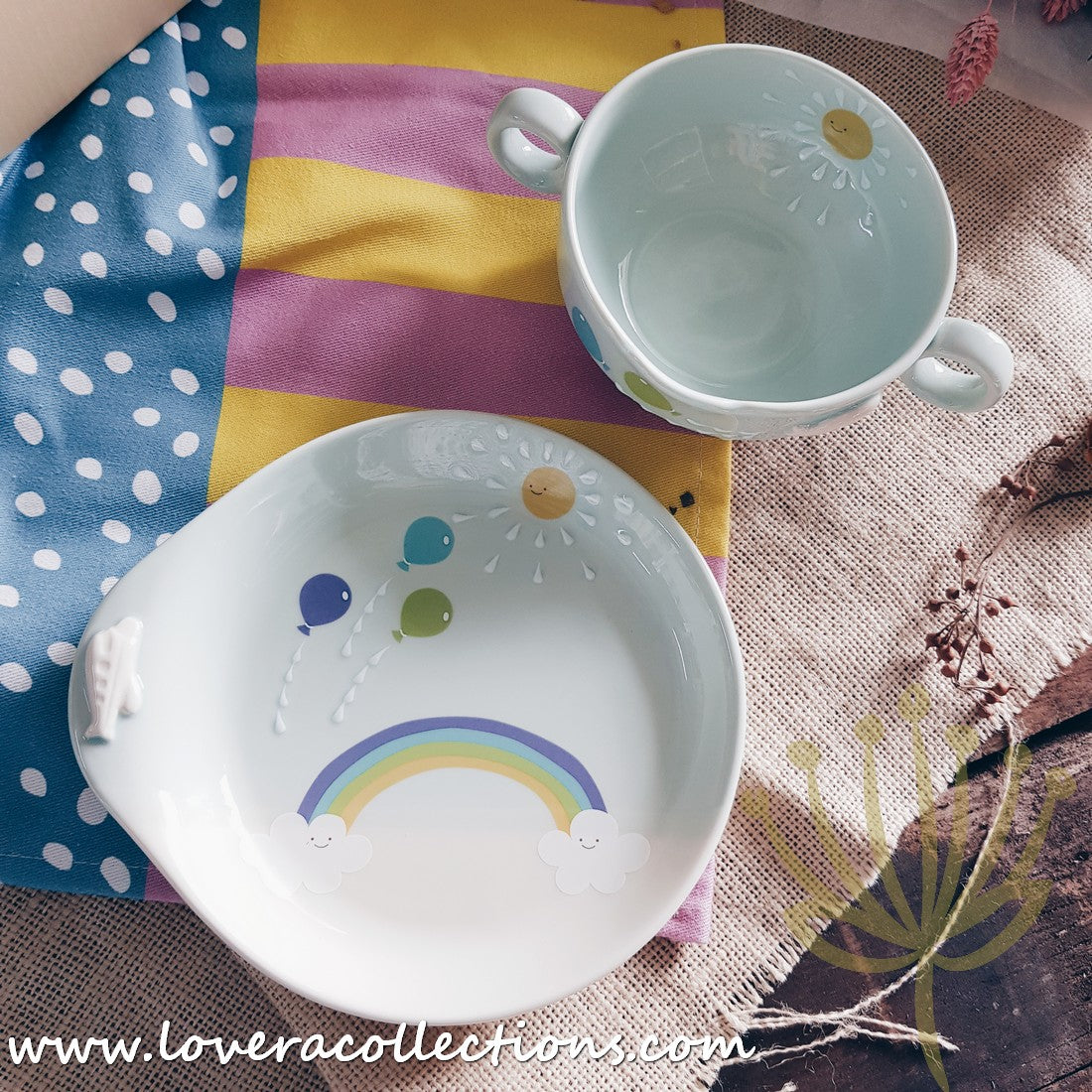 Chikudouen x Lovera Blue Balloon Kids Dinnerware Set - 4-Piece Children's Tableware Gift for Birthday & Holidays (Plates, Bowls, Cups & Utensils) - Perfect for Parties, Daily Meals & Special Occasions