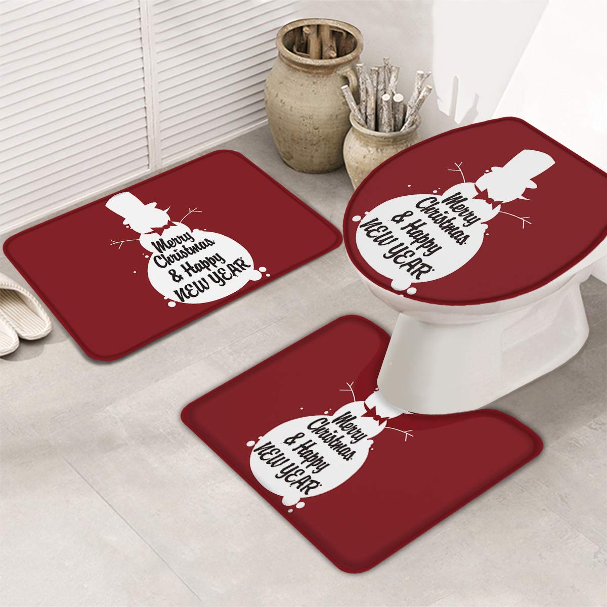 Non-Slip Snowman Bath Rugs Set of 3 - Absorbent Red Christmas Bathroom Mats with U-Shaped Toilet Mat & Lid Cover - Washable 3-Piece Bath Mat Set for Holiday Home Decor & Cozy Winter Bathroom