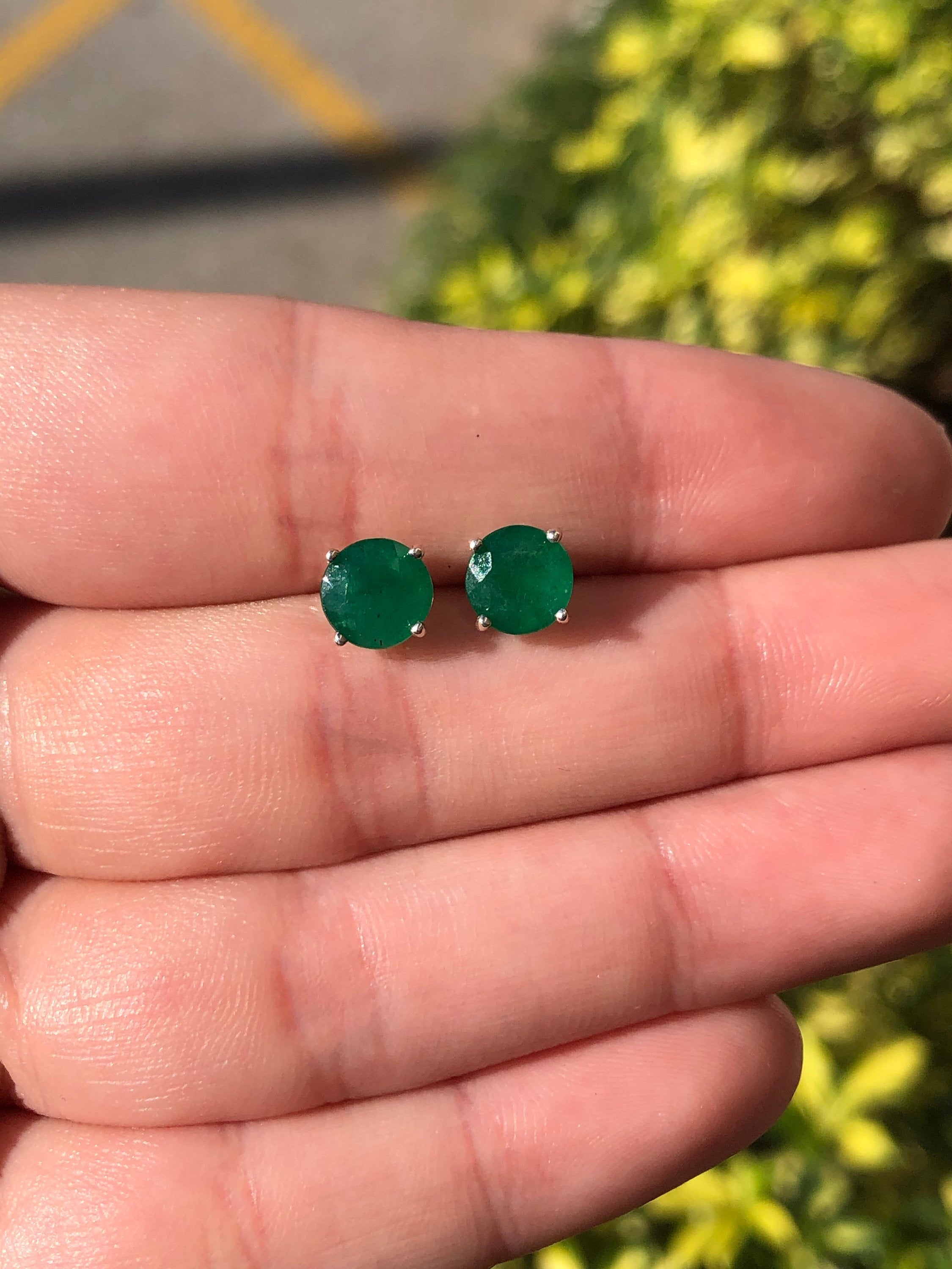 2.15tcw 7mm Round Natural Emerald Stud Earrings in 925 Sterling Silver - Perfect for Weddings, Parties & Everyday Elegance