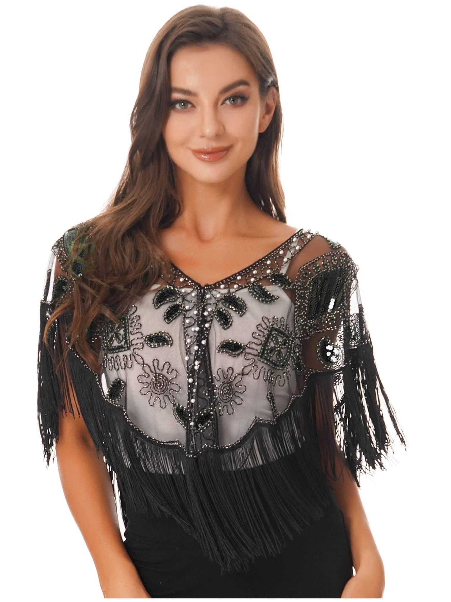 Renvena Women's Vintage Beaded Sequins Evening Bolero Cape Shawl Wrap - Elegant Formal Party & Cocktail Dress Accessory for Weddings, Galas, and Special Occasions